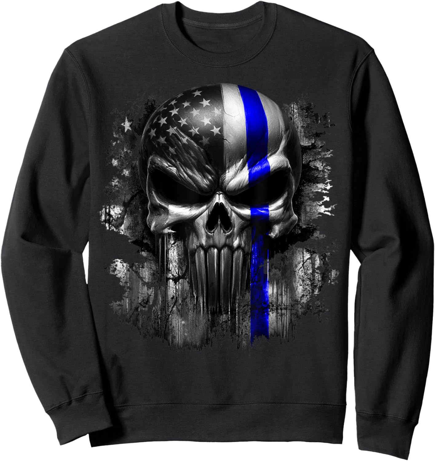 USA American Skull Patriotic Flag Blue Line Grunge Graphic Women Men Sweatshirt - Sweatshirt | Black