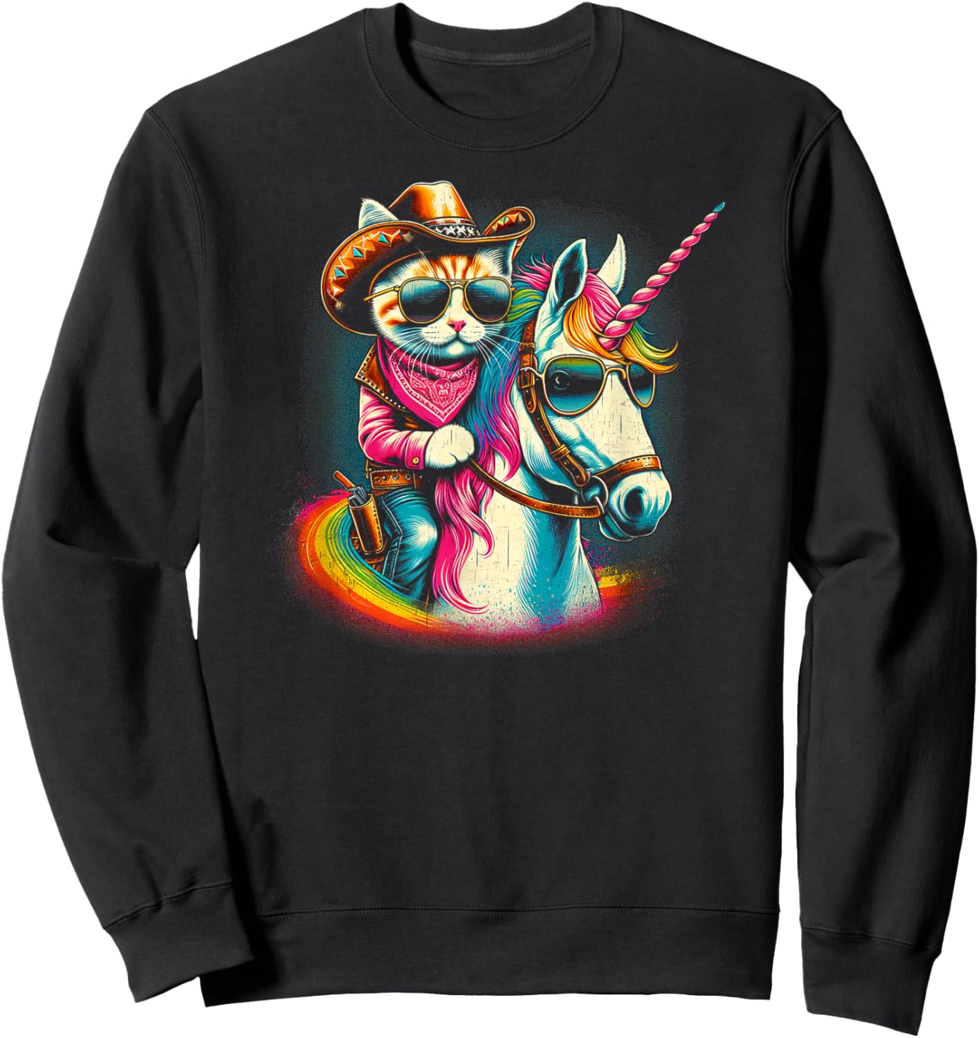 Whimsical Wear Cowboy Cat Riding Unicorn Fun Sweatshirt - Sweatshirt | Black