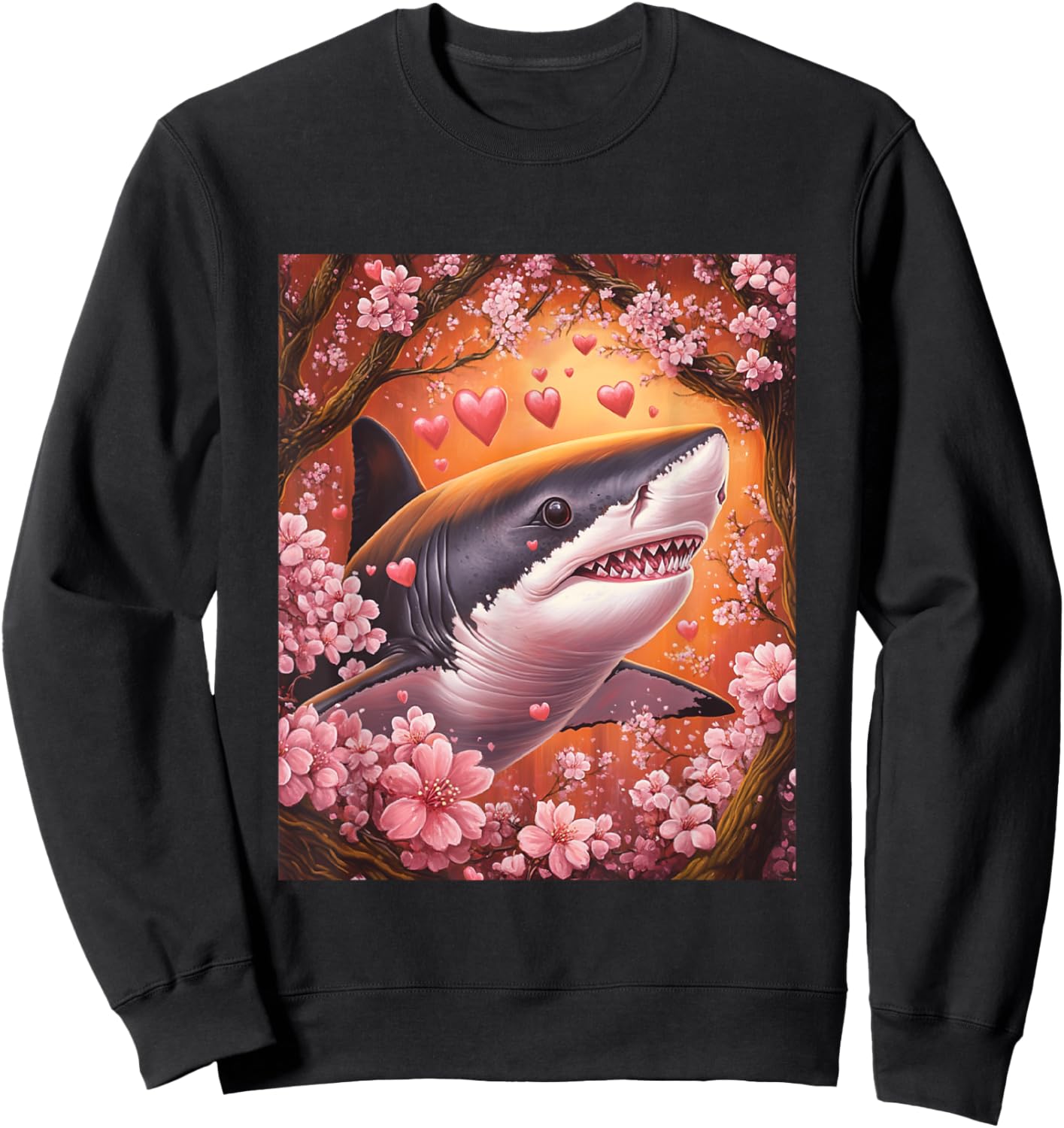 Shark Japanese Cherry Blossom Graphic for Valentines Day Sweatshirt - Sweatshirt | Black