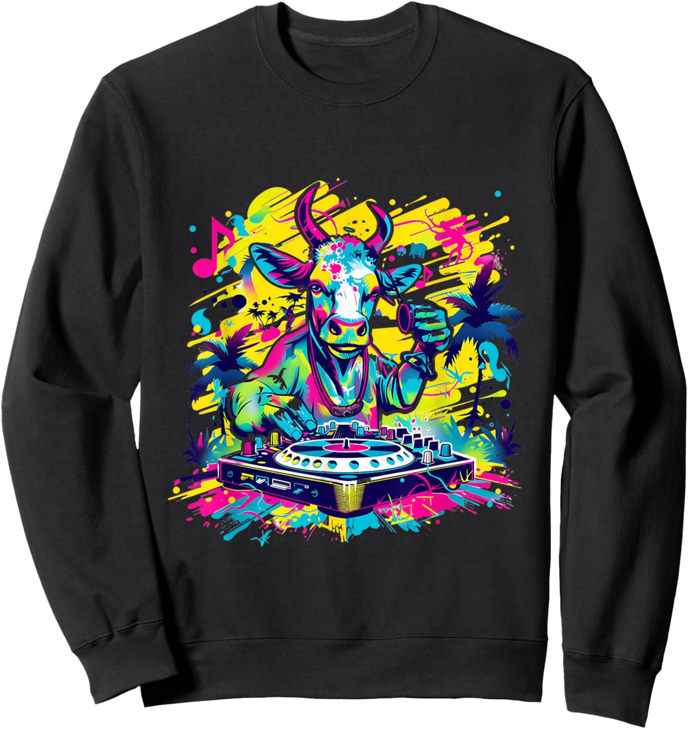 Cow DJ Tropical Colourful Turntable DJ Cow EDM Cow Lover Sweatshirt - Sweatshirt | Black