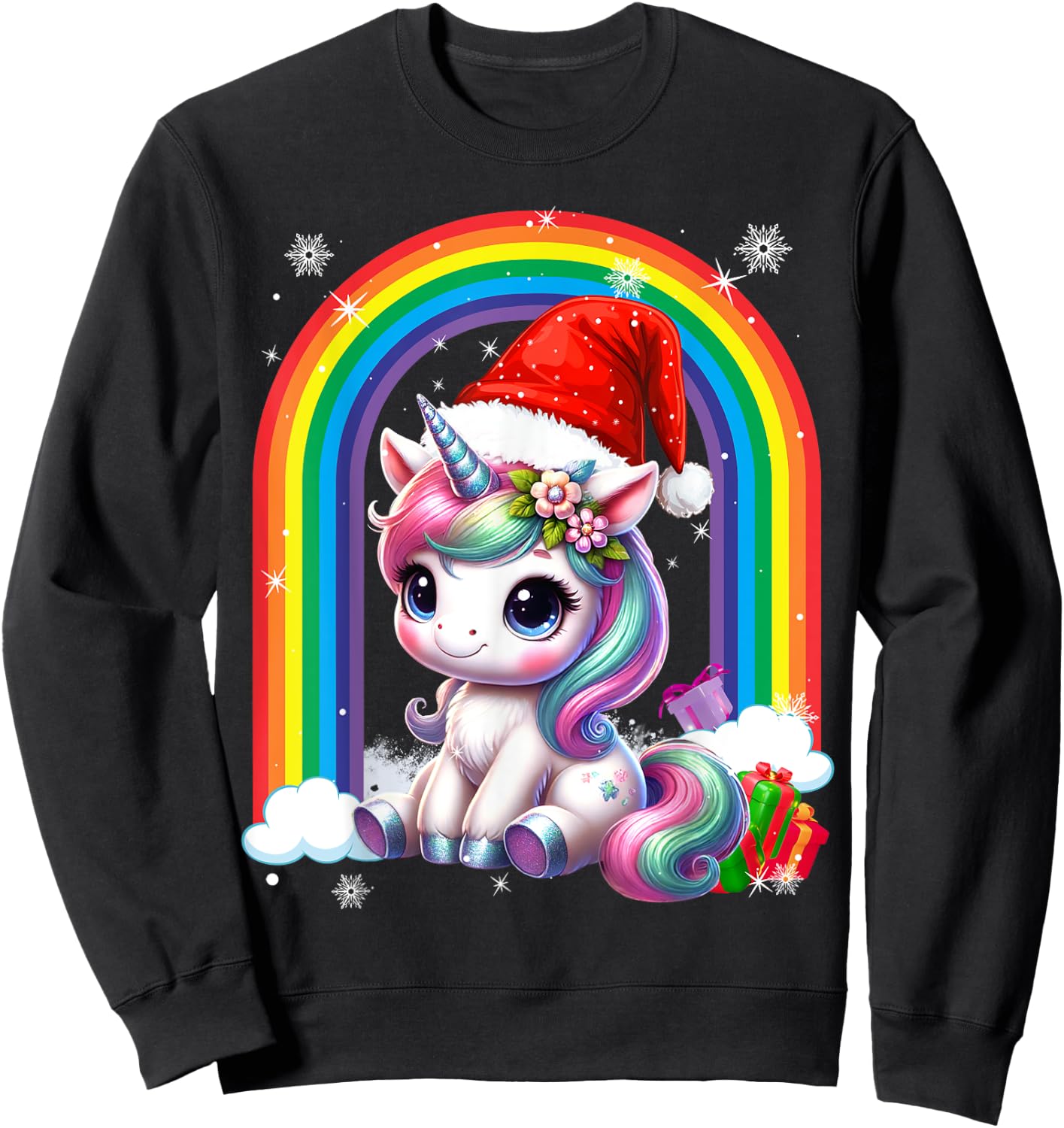 Unicorn Girls Christmas 2025 Women Kids Santa Unicorn Xmas Sweatshirt - Sweatshirt | Black