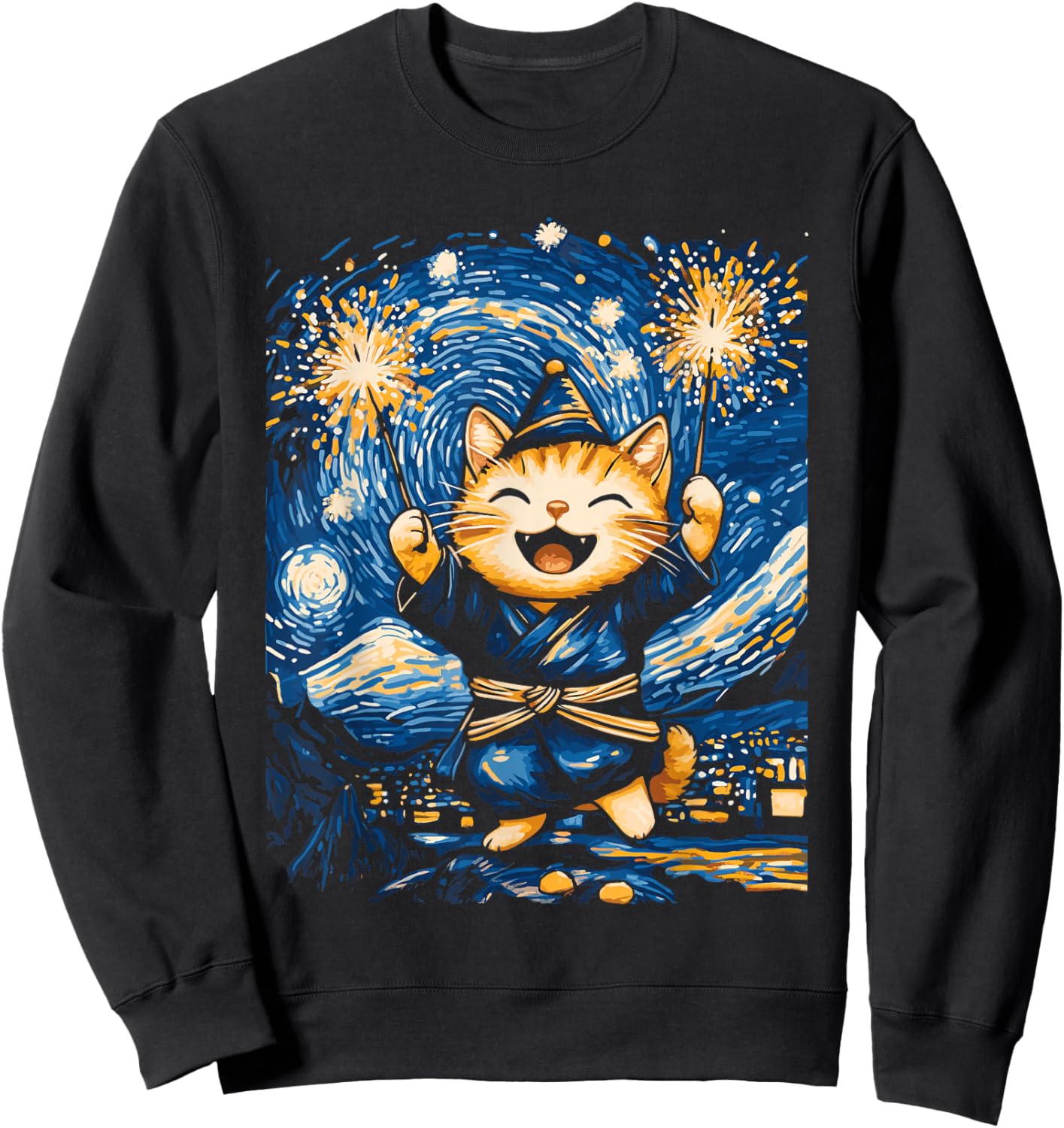 New Year Cat Starry Night Art for Cat Lovers Sweatshirt - Sweatshirt | Black