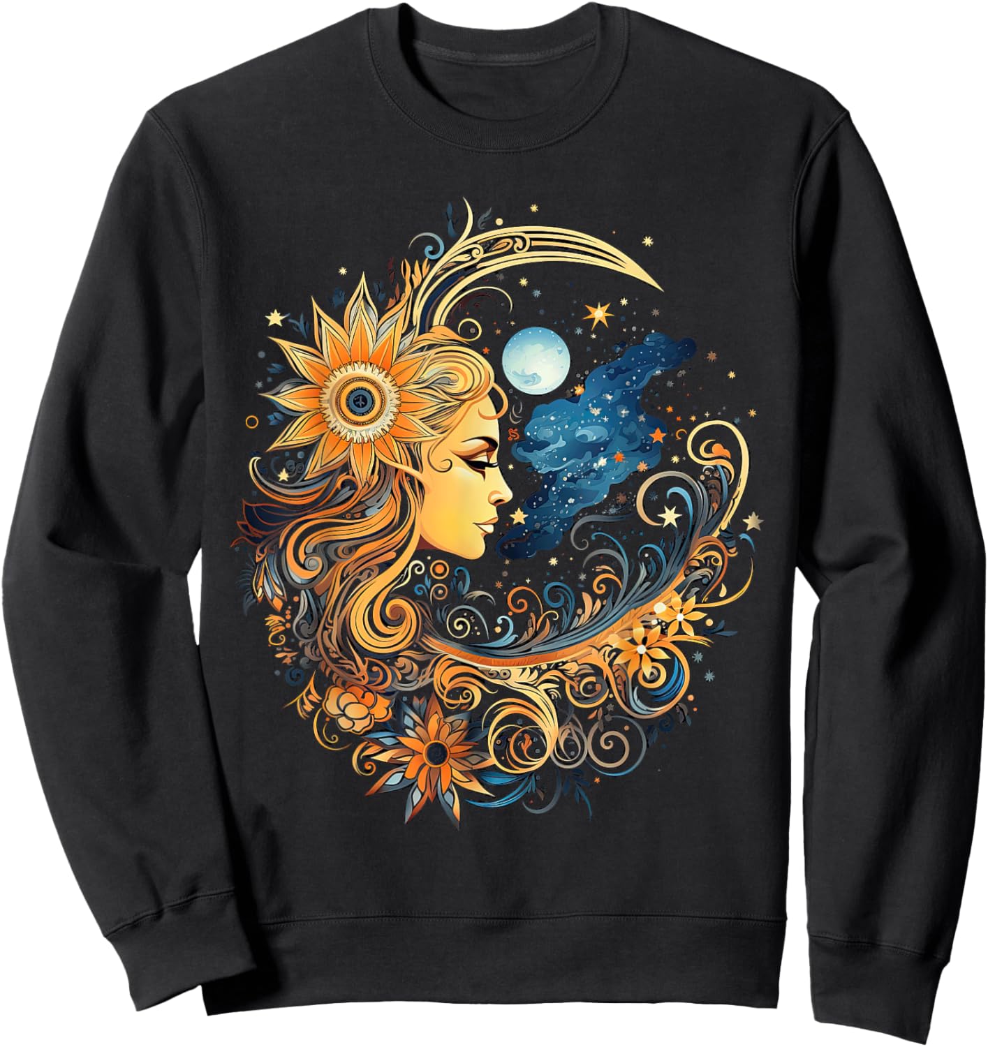 Mystic Sun and Moon Woman Mystical Flowers Aesthetic Sweatshirt - Sweatshirt | Black