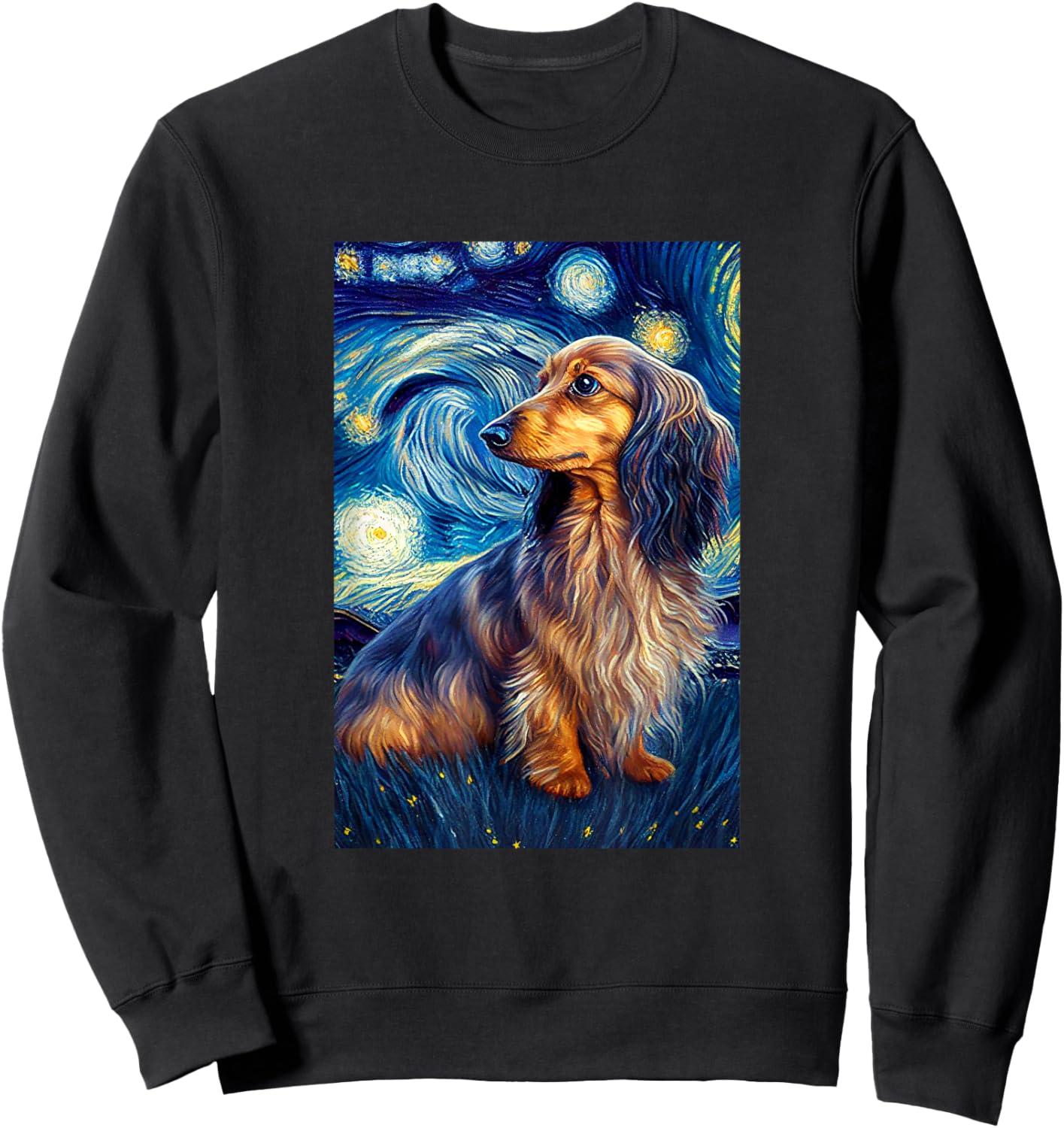 long hair Dachshund in Starry Night Painting Dog Mom Dad Sweatshirt - Sweatshirt | Black
