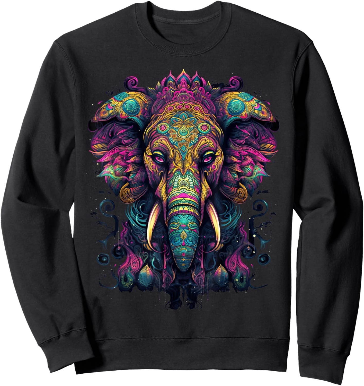 Colorful Elephant | Psychedelic Art Trippy Hippie Men Women Sweatshirt - Sweatshirt | Black