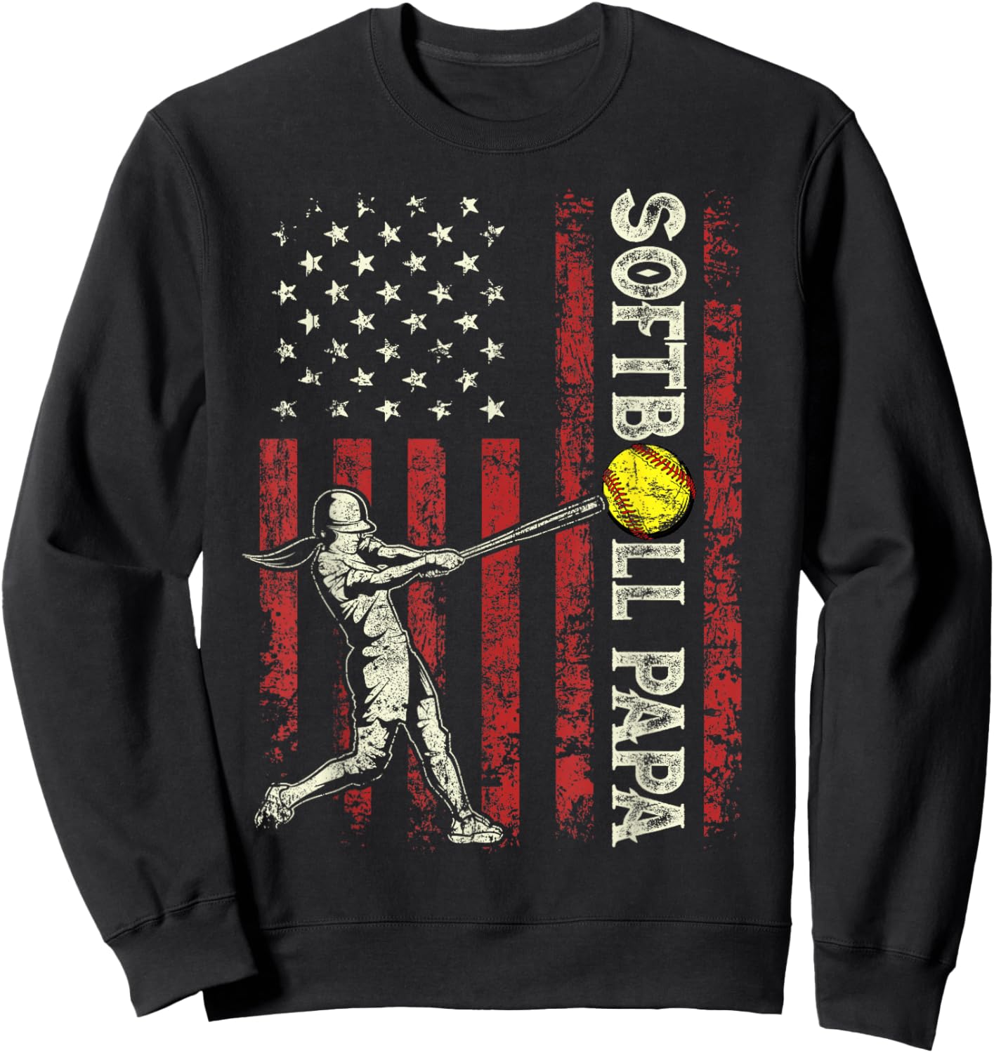 Softball Papa US Flag Gifts Dad Men Patriotic Father's Day Sweatshirt - Sweatshirt | Black