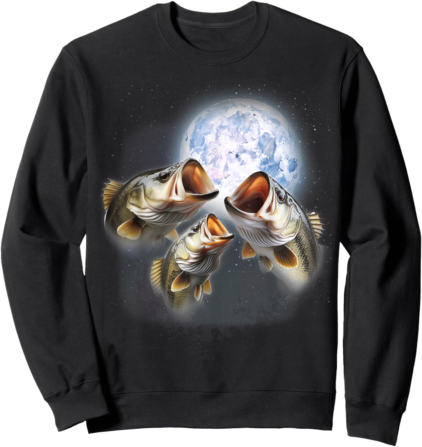 3 Bass Fish At The Moon Funny Bass Fishing Lover Fisherman Sweatshirt - Sweatshirt | Black