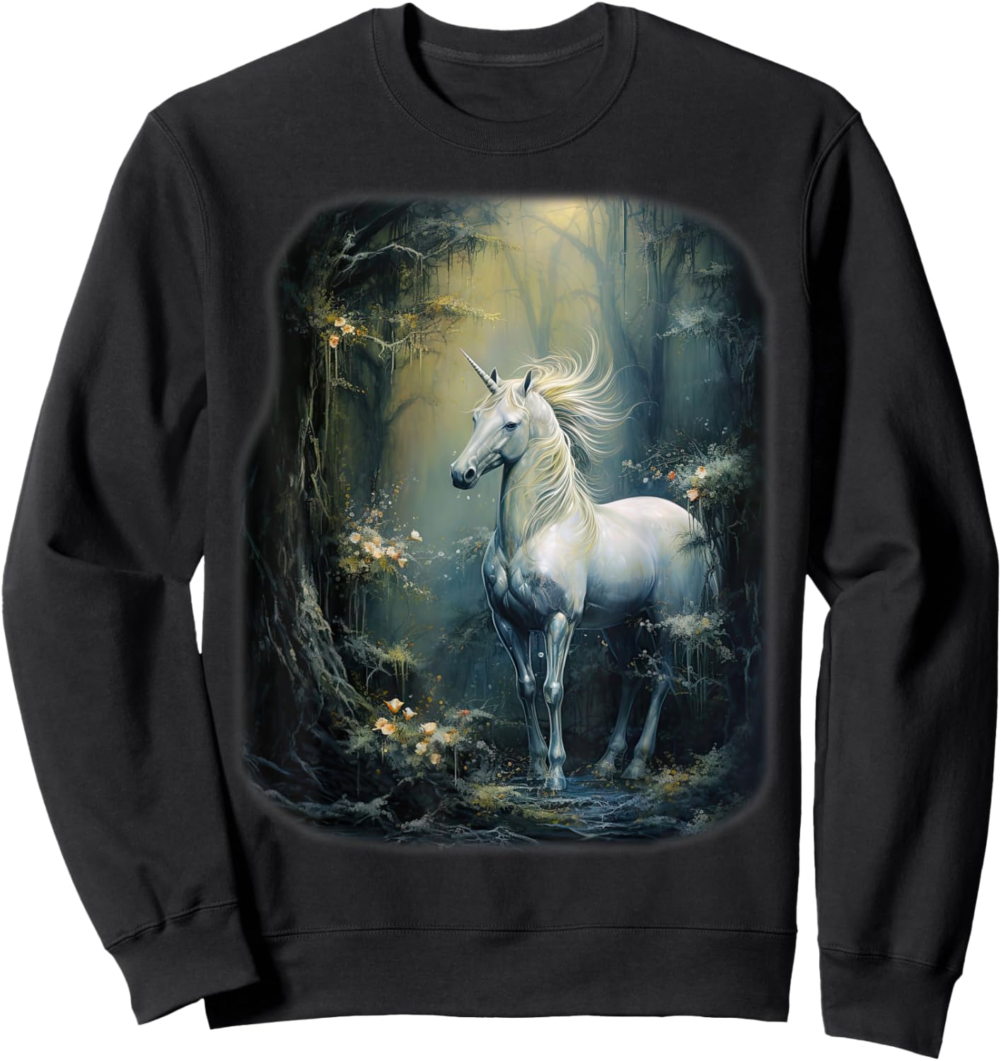 Fantasy white Unicorn standing in a Forest Sweatshirt - Sweatshirt | Black