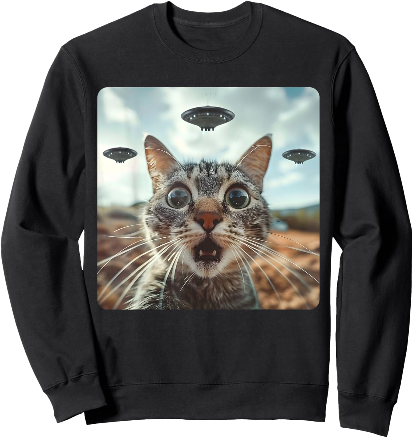 Extraterrestrial Encounter: Cat Selfie with Alien UFO Sweatshirt - Sweatshirt | Black