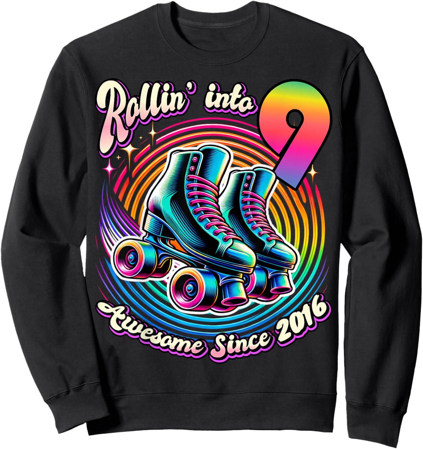 Birthday Roller Skating 9th Girls Rollin into 9 Skate Party Sweatshirt - Sweatshirt | Black