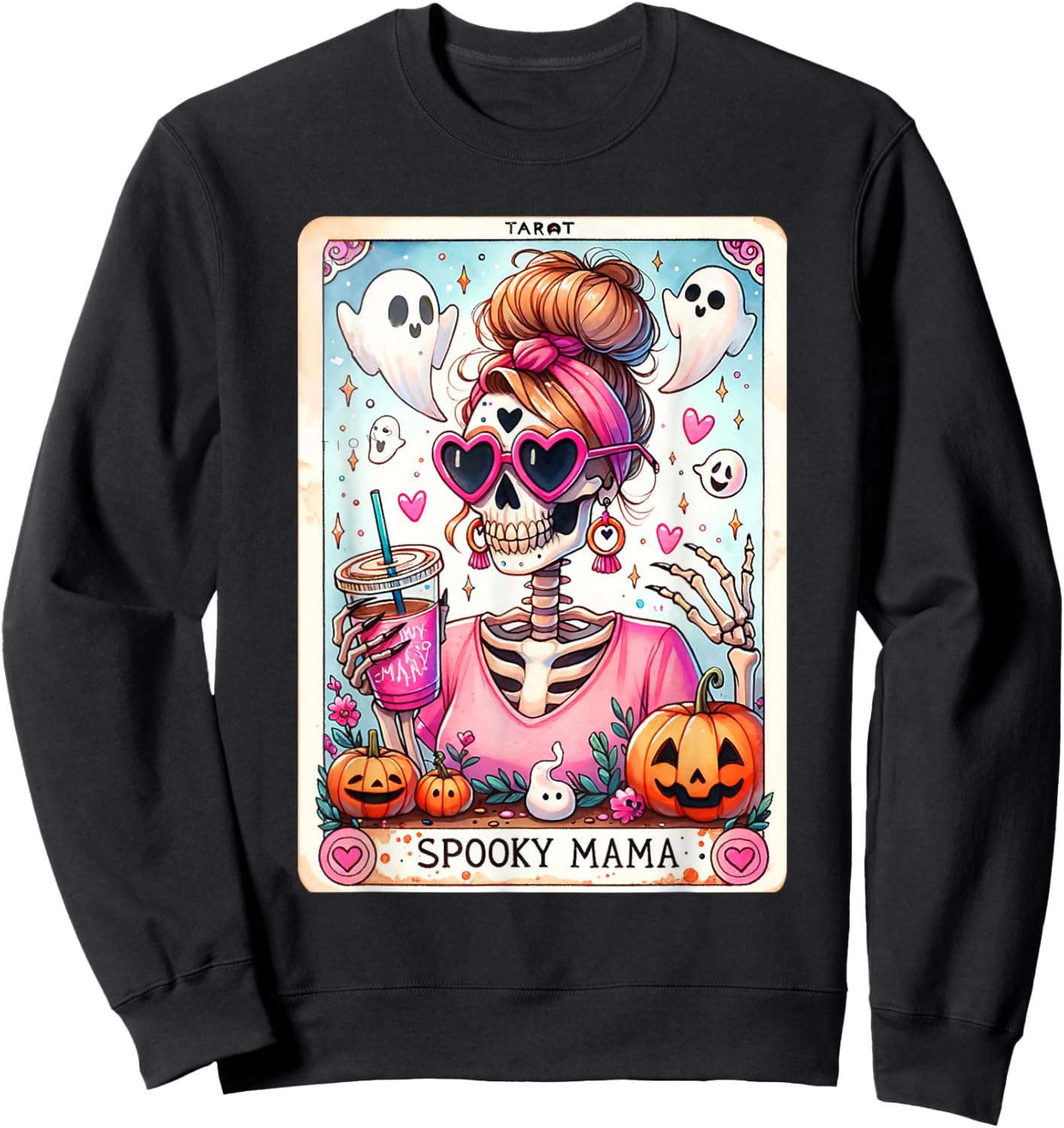 Spooky Mama Tarot Card Skeleton Mom Jack O Lantern Halloween Sweatshirt - Sweatshirt | Black