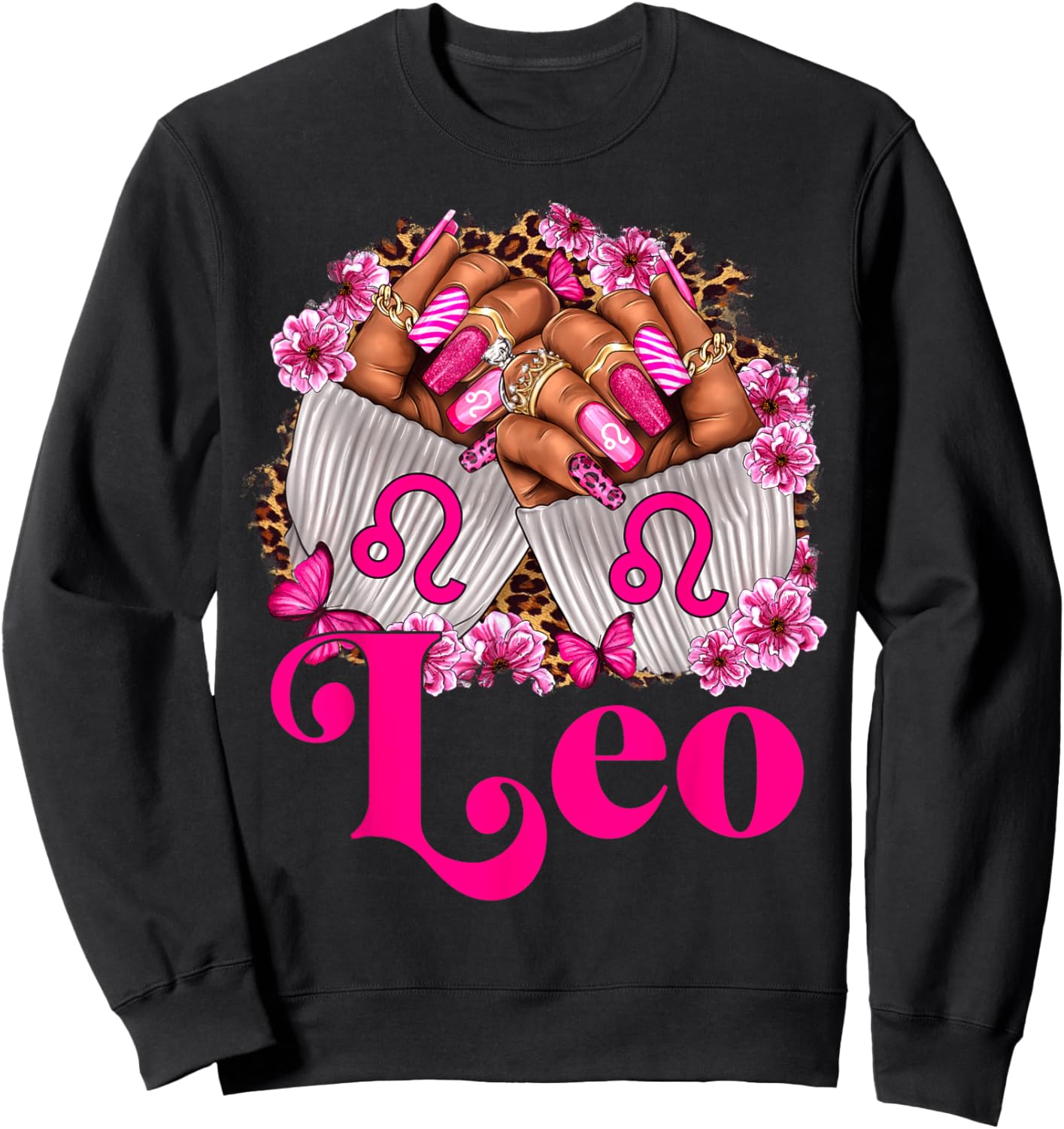 Black Women Floral Nails With Leopard Leo Queen Sweatshirt - Sweatshirt | Black