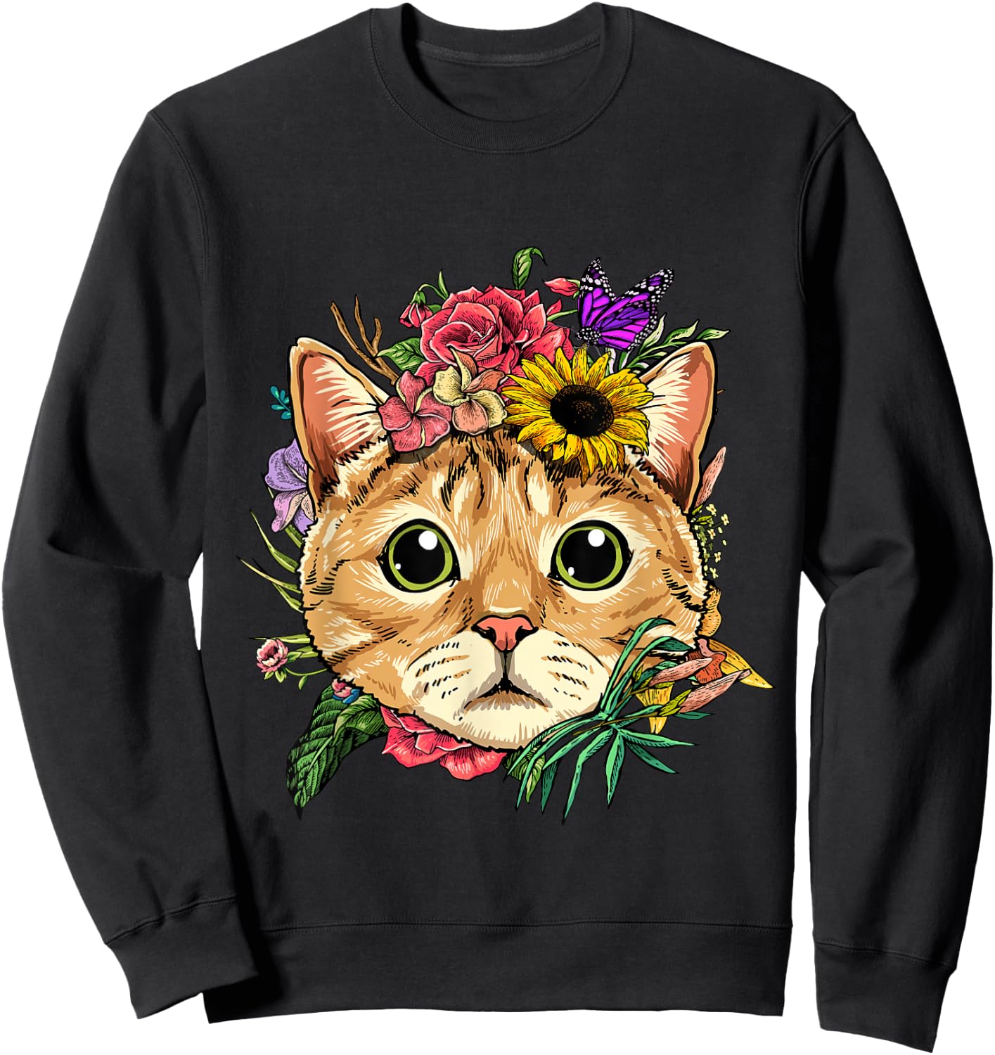 Floral Cat Spring Nature Cat Lovers Sweatshirt - Sweatshirt | Black
