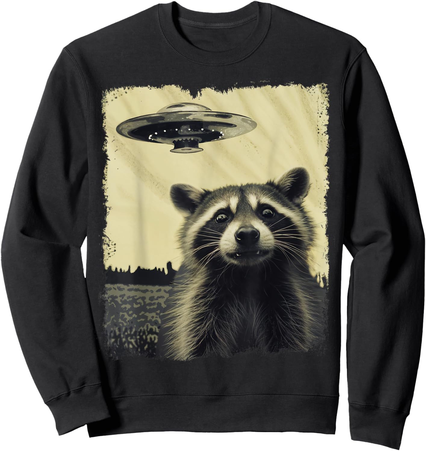 Racoon with UFO Retro Vintage Uncanny Alien UFO Sweatshirt - Sweatshirt | Black
