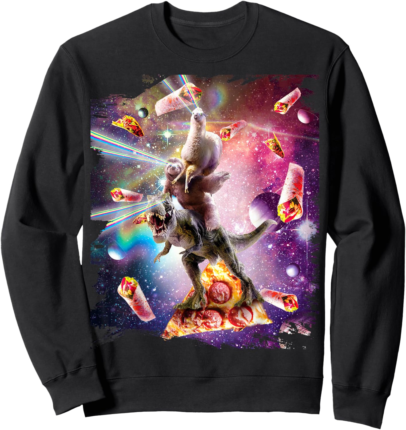 Laser Eyes Space Llama On Sloth Dinosaur - Rainbow Sweatshirt - Sweatshirt | Black