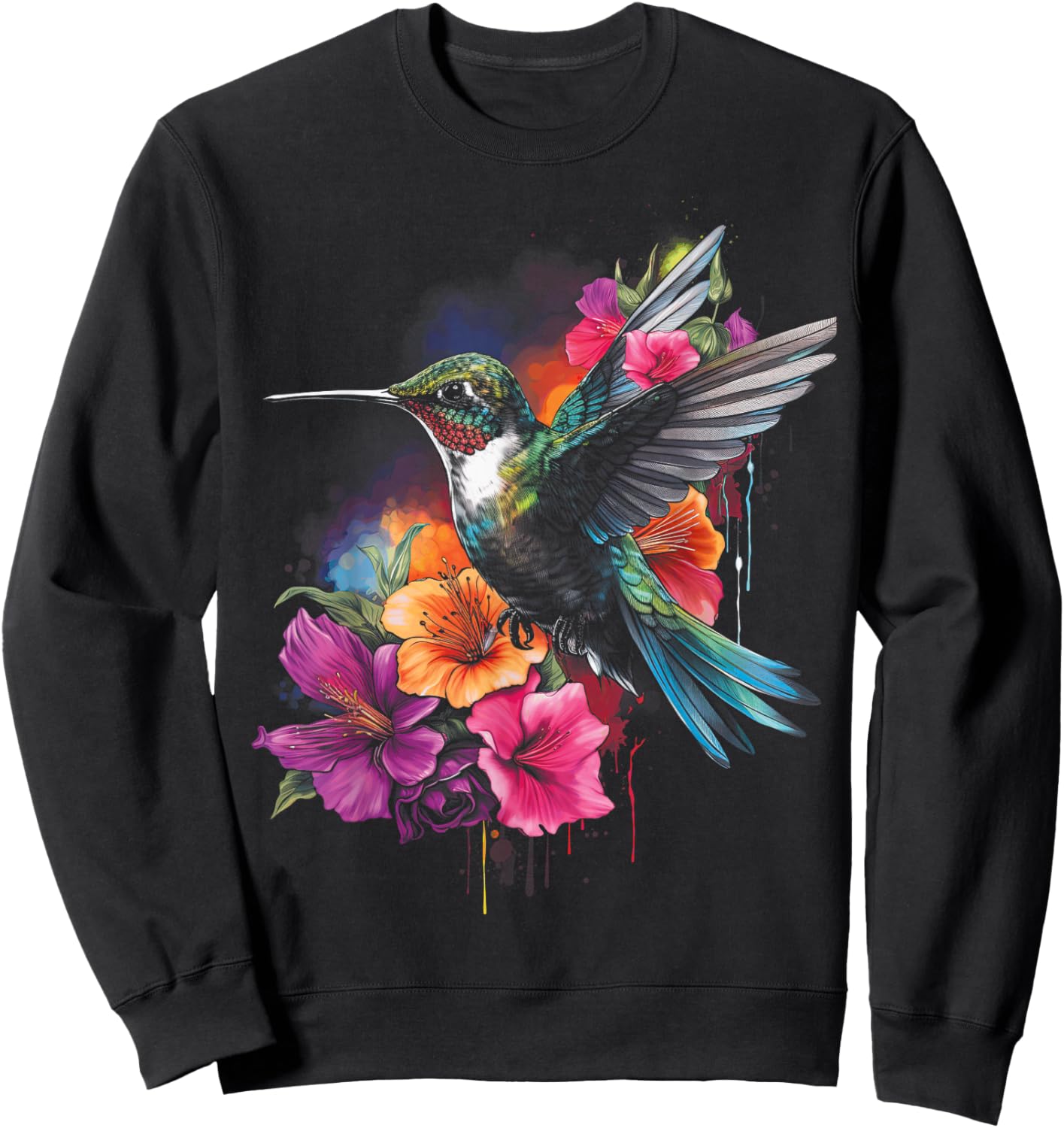 Hummingbird Floral Bird Artwork Sweatshirt - Sweatshirt | Black