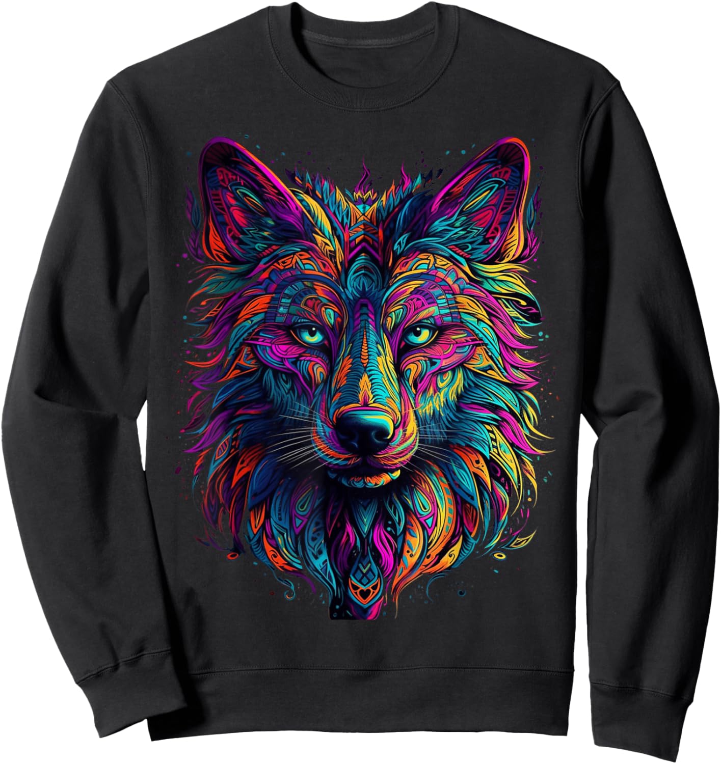 Colorful Wolf | Psychedelic Art Trippy Hippie Men Women Sweatshirt - Sweatshirt | Black