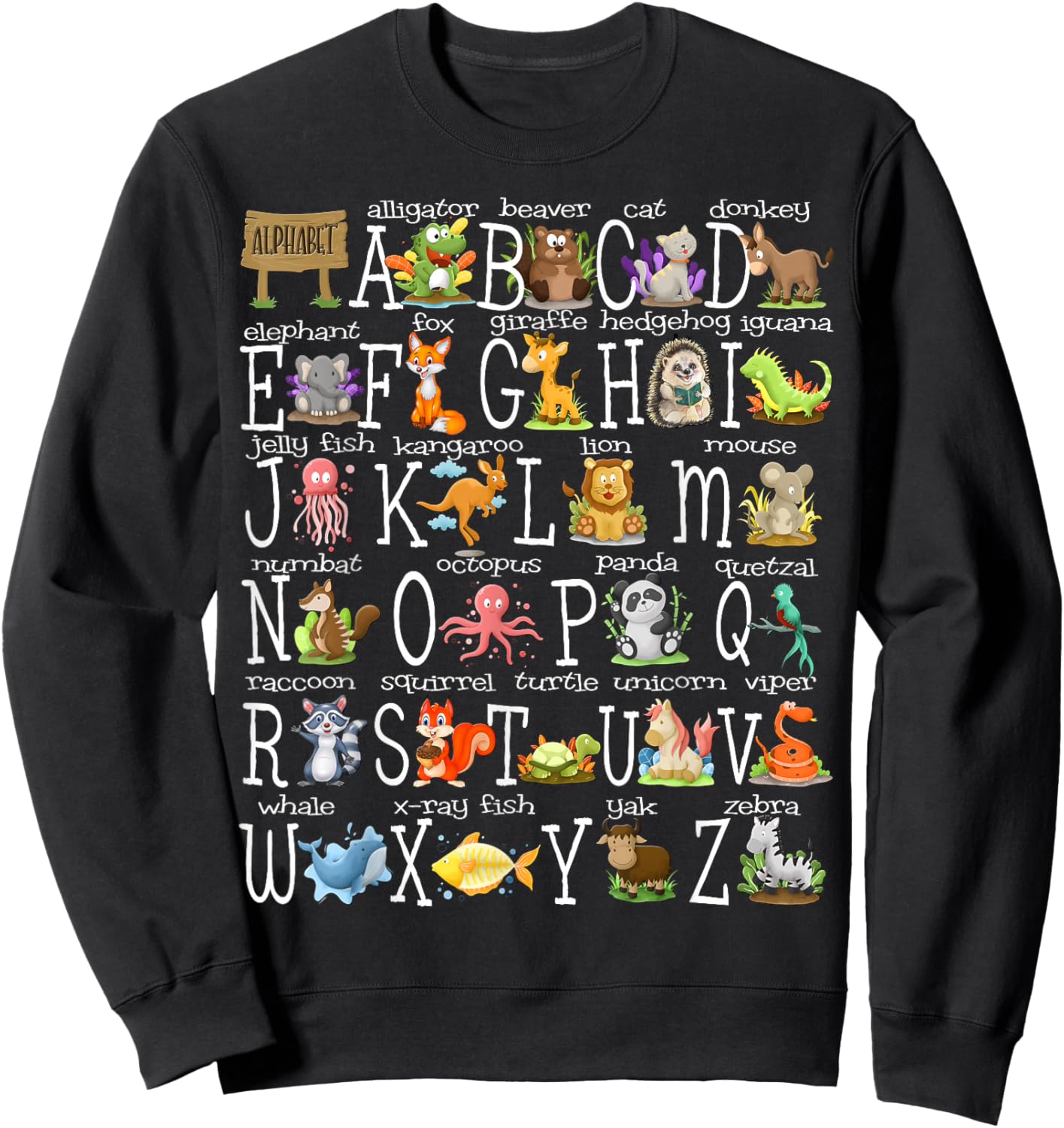 Back to School Kids Cute Animals A-Z Alphabet ABCs Teacher Sweatshirt - Sweatshirt | Black