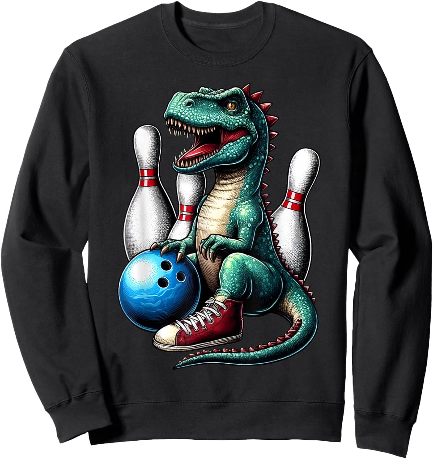 Dinosaur Bowling Ball Graphic Funny Dino Bowler Kids Adults Sweatshirt - Sweatshirt | Black
