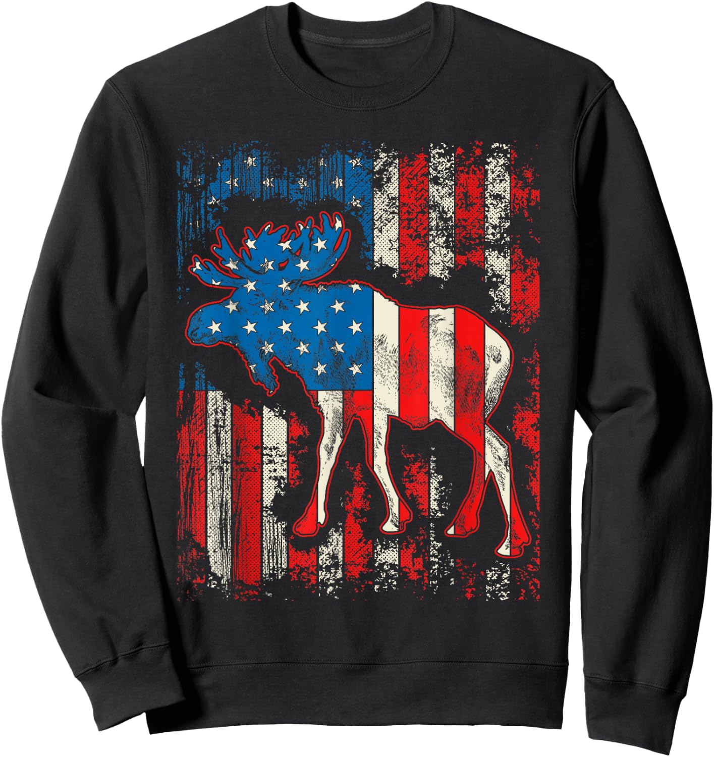Moose USA American Flag 4th Of July Men Women Retro Vintage Sweatshirt - Sweatshirt | Black