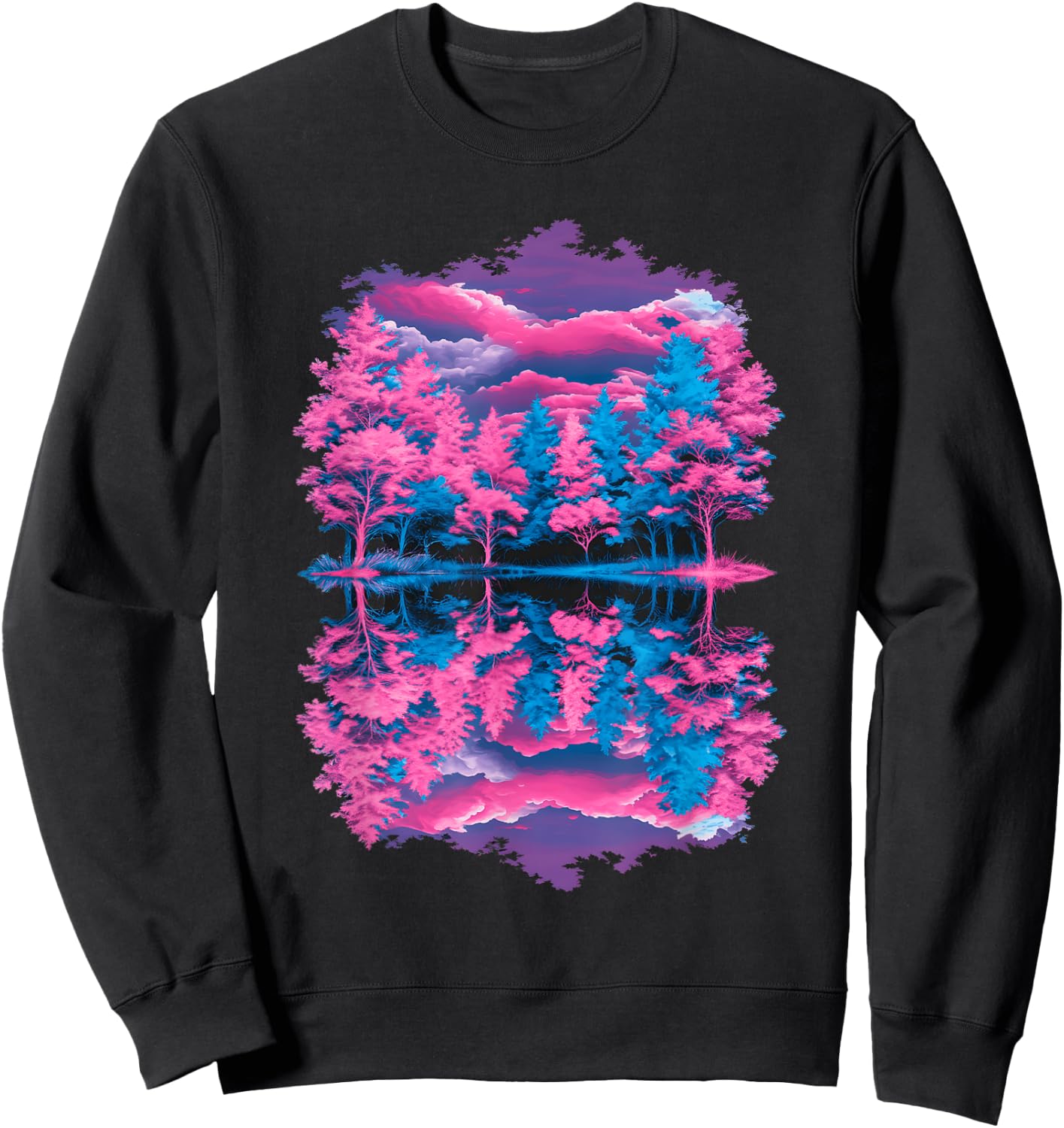 Pink Blue Vaporwave Retro Trees Reflection Serene Lake Art Sweatshirt - Sweatshirt | Black