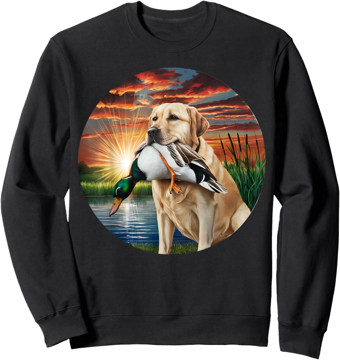 A Hunting Labrador Retriever dog with a duck in the sunset. Women Sweatshirt - Sweatshirt | Black