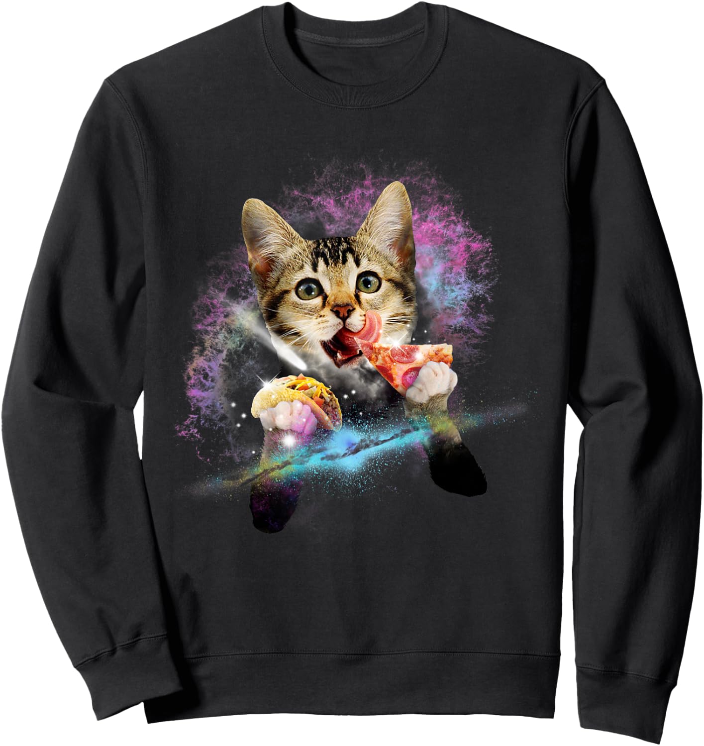 Galaxy Cat Rules Space With Taco And Pizza Power Gift Sweatshirt - Sweatshirt | Black