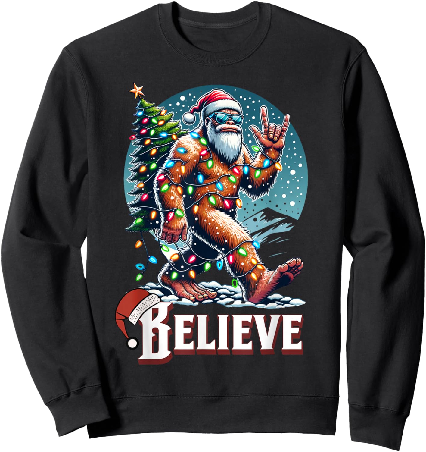 Santa Bigfoot Christmas Lights Funny Sasquatch Believe Xmas Sweatshirt - Sweatshirt | Black