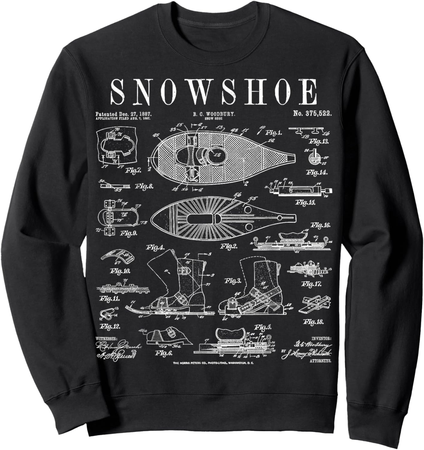 Snowshoe Snowshoeing Winter Hiking Vintage Patent Print Sweatshirt - Sweatshirt | Black