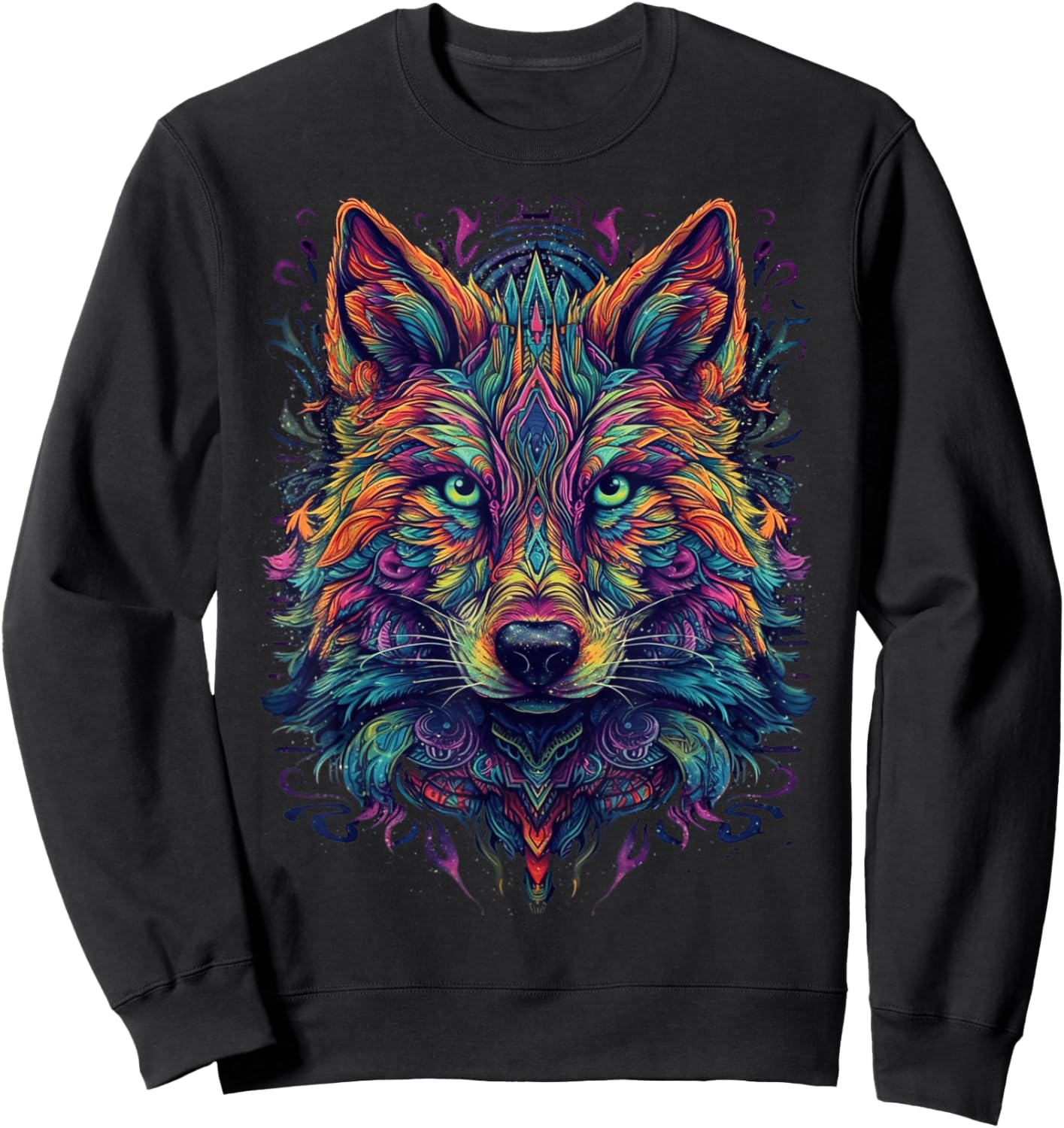 Colorful Wolf | Psychedelic Art Trippy Hippie Men Women Sweatshirt - Sweatshirt | Black