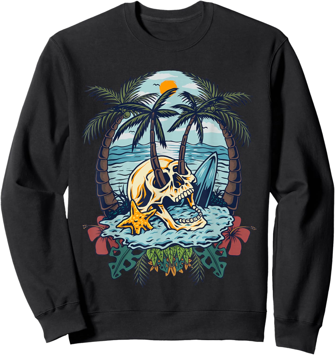 Vintage Palm Tree Skull Summer Beach Men Motorcycle Tattoo Sweatshirt - Sweatshirt | Black