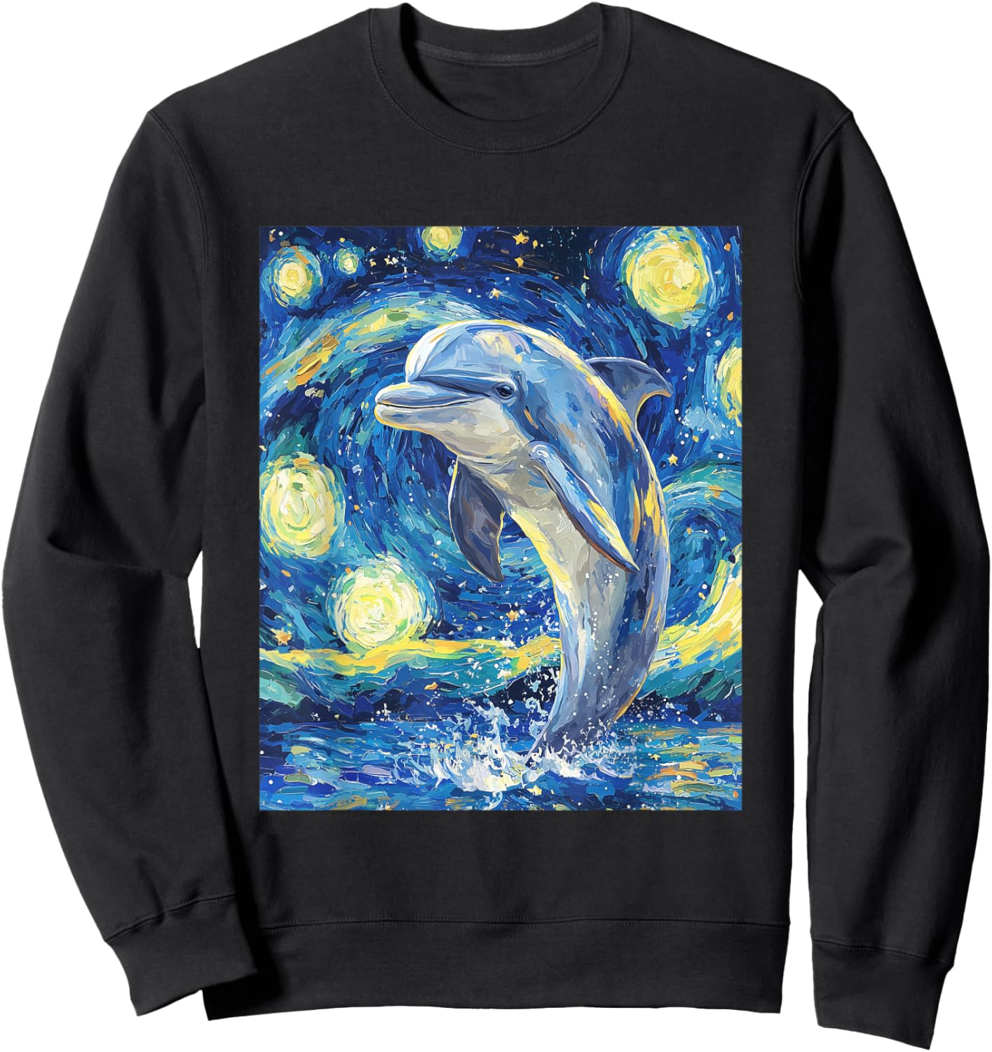 Cute Dolphin - Van Gogh Style - Starry Night Graphic Sweatshirt - Sweatshirt | Black