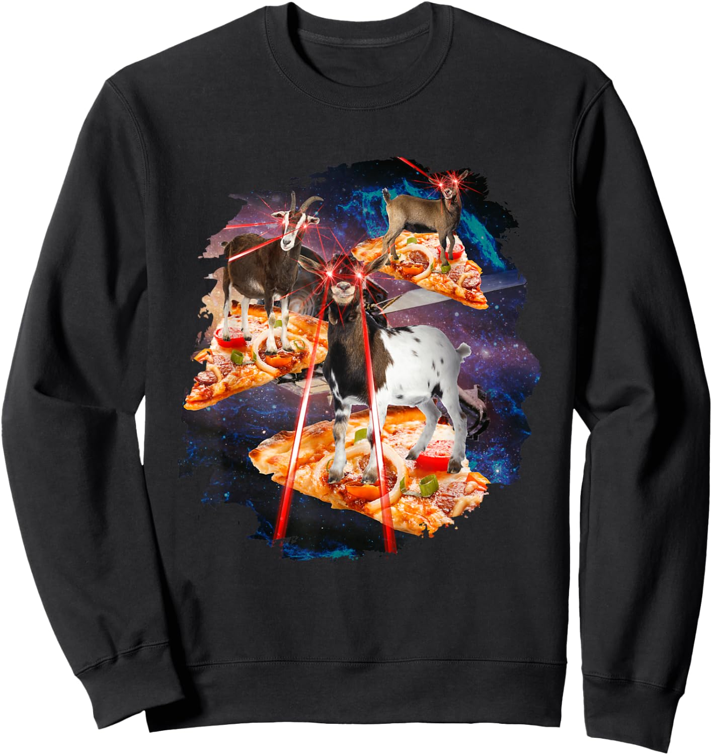 Goat with laser eyes, goats, house goat, laser space, pizza Sweatshirt - Sweatshirt | Black