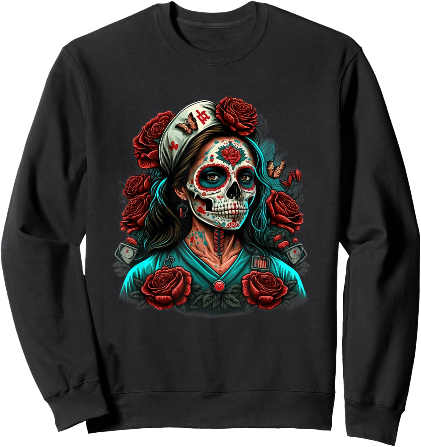 Sugar Skull Nurse Doctor's Aid Sweatshirt - Sweatshirt | Black