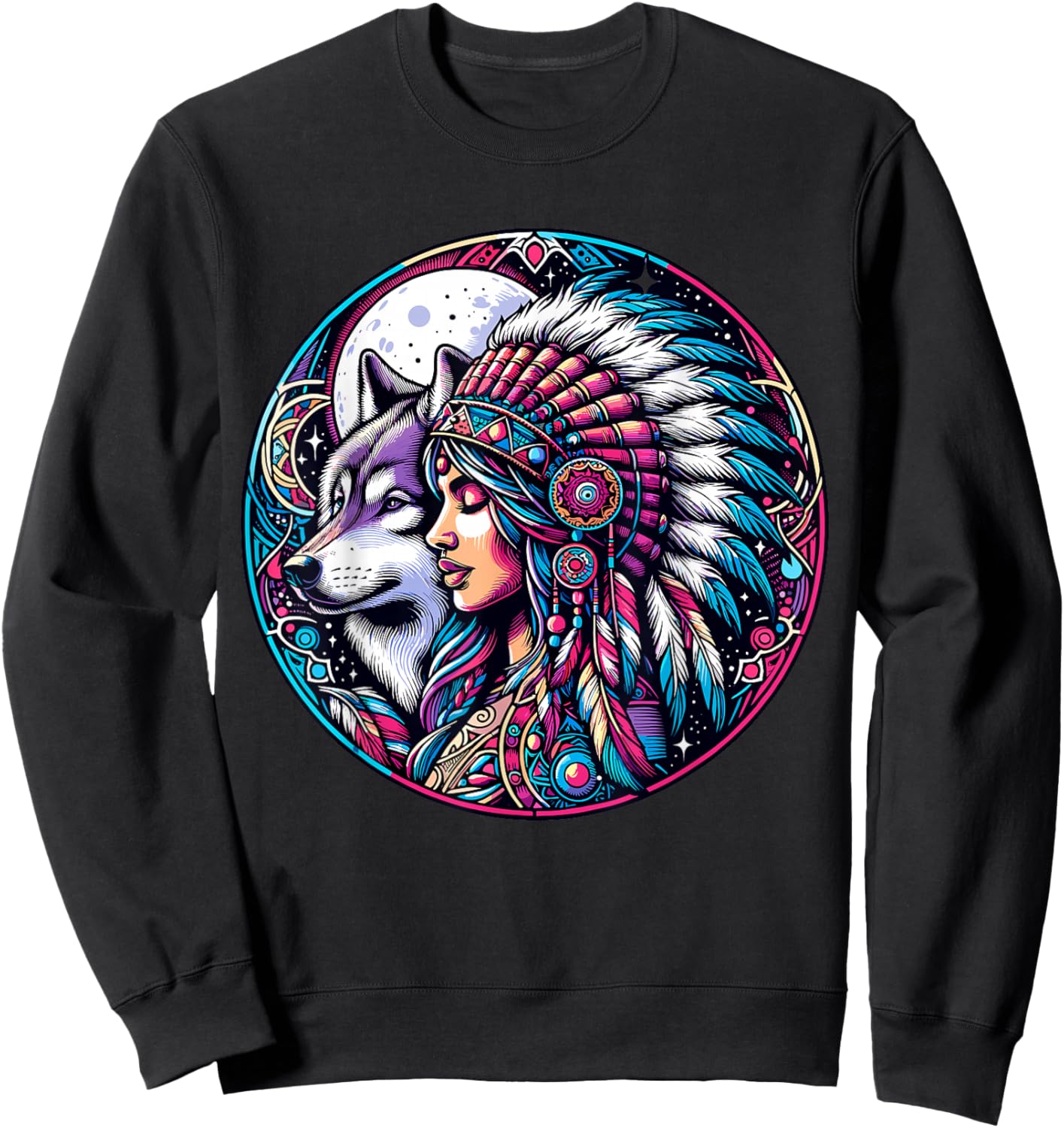 Native American Totem Woman and Wolf Sweatshirt - Sweatshirt | Black