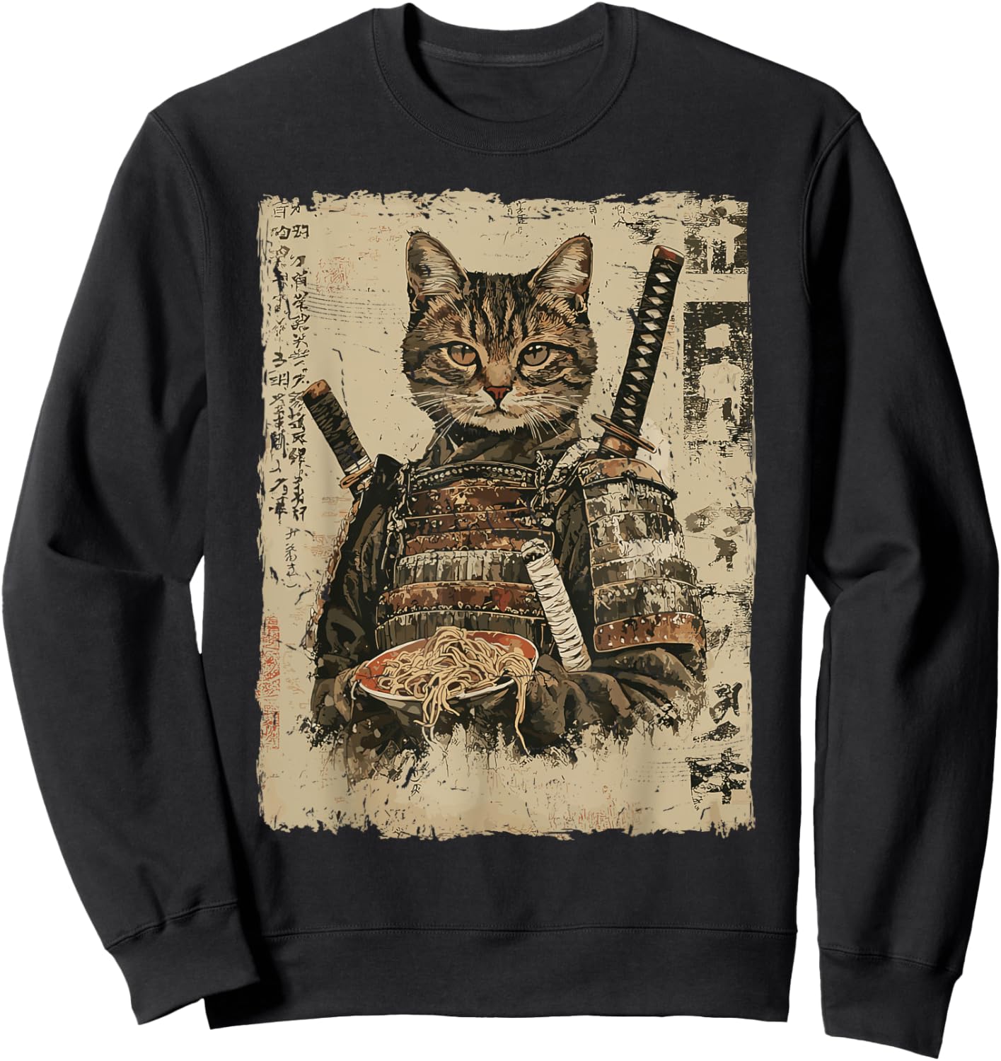Samurai Cat Loves Ramen Funny Anime Japanese Artwork Samurai Sweatshirt - Sweatshirt | Black