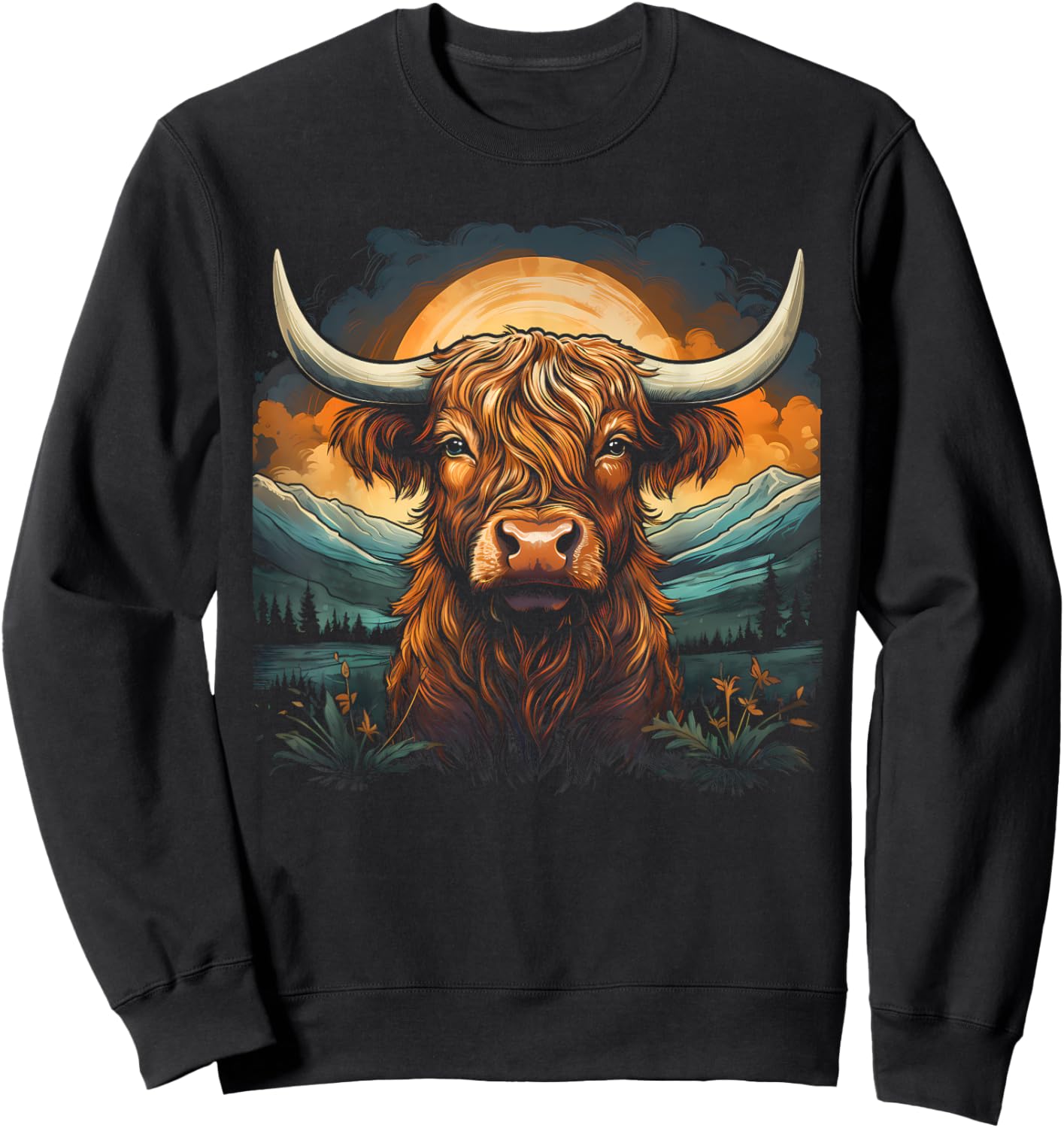Scottish Highland Cow Cattle Farm Mountain Hairy Cow Sweatshirt - Sweatshirt | Black
