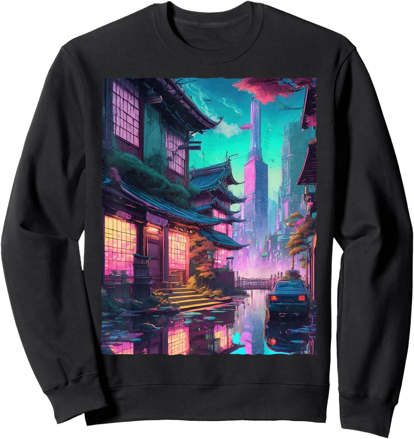 Japanese Streetwear Synthwave Vaporwave City Retro Aesthetic Sweatshirt - Sweatshirt | Black