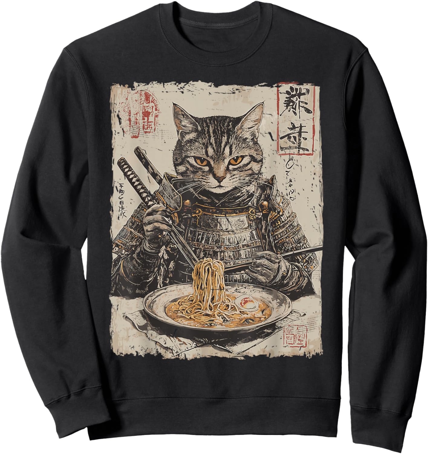 Samurai Cat Loves Ramen Funny Anime Japanese Artwork Samurai Sweatshirt - Sweatshirt | Black