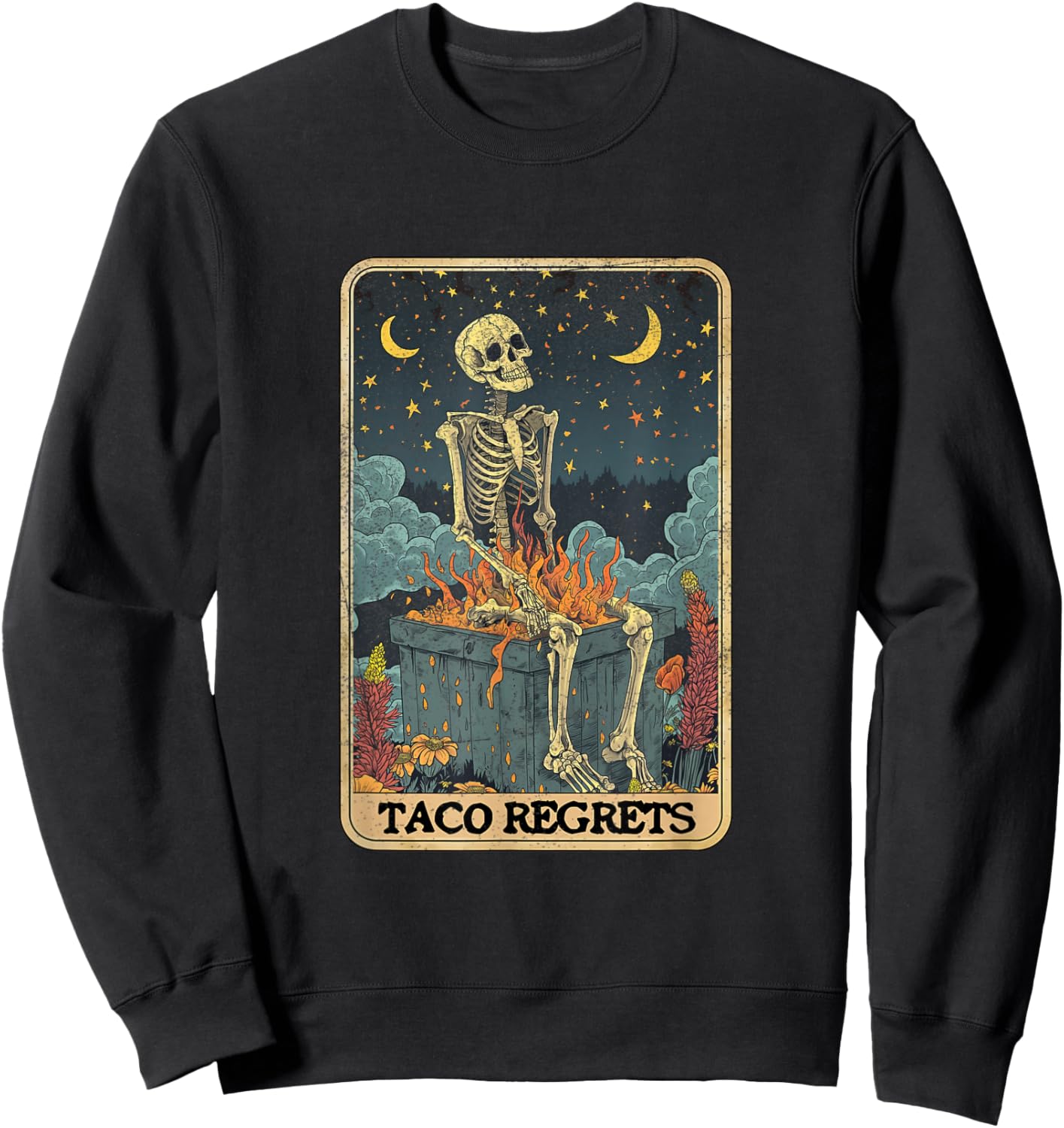 Taco Regrets Cinco de Mayo Retro Mystical Skeleton Pooping Sweatshirt - Sweatshirt | Black