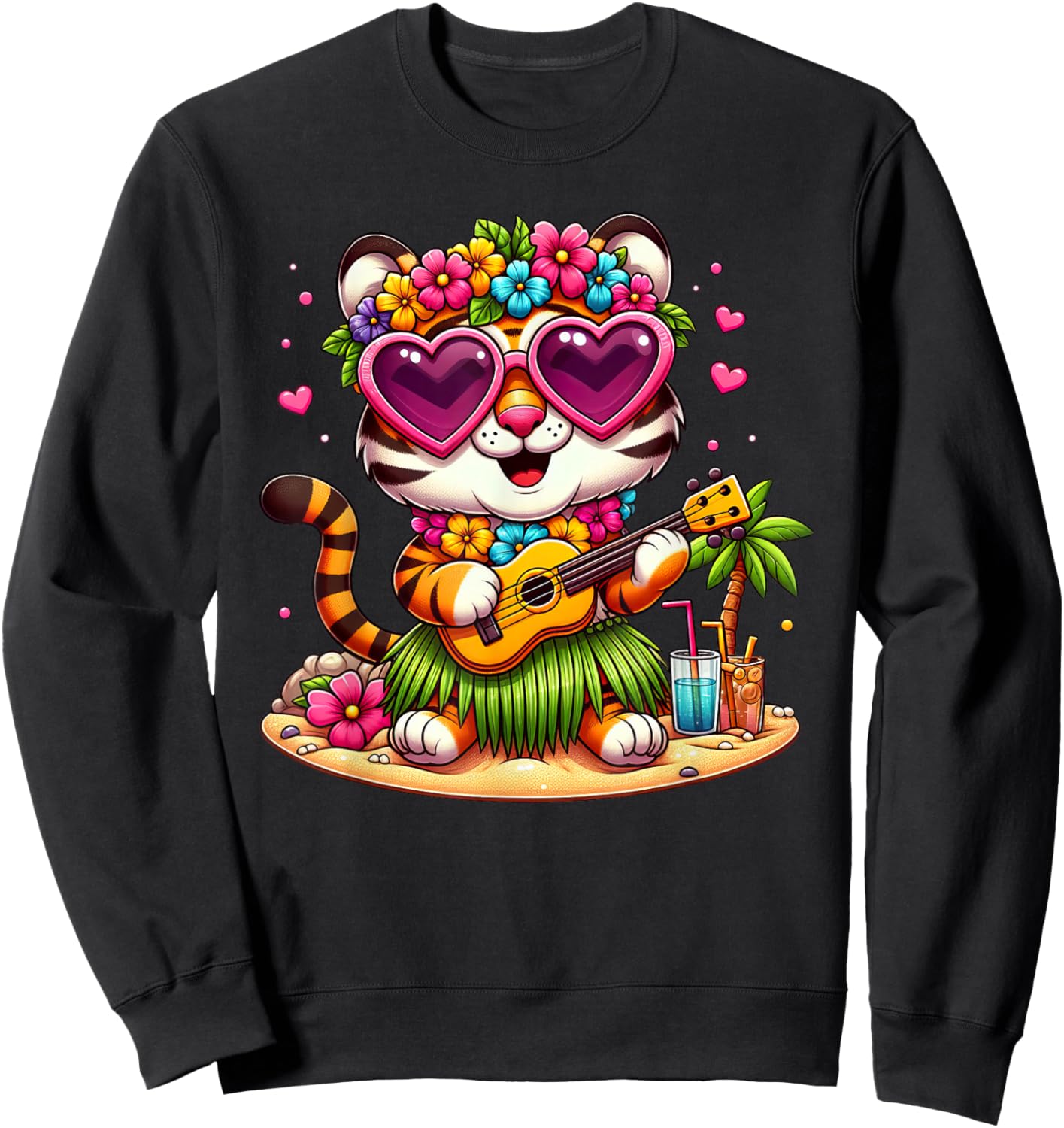 Funny Tiger Hawaiian Costume Kids Summer Vacation Tiger Sweatshirt - Sweatshirt | Black