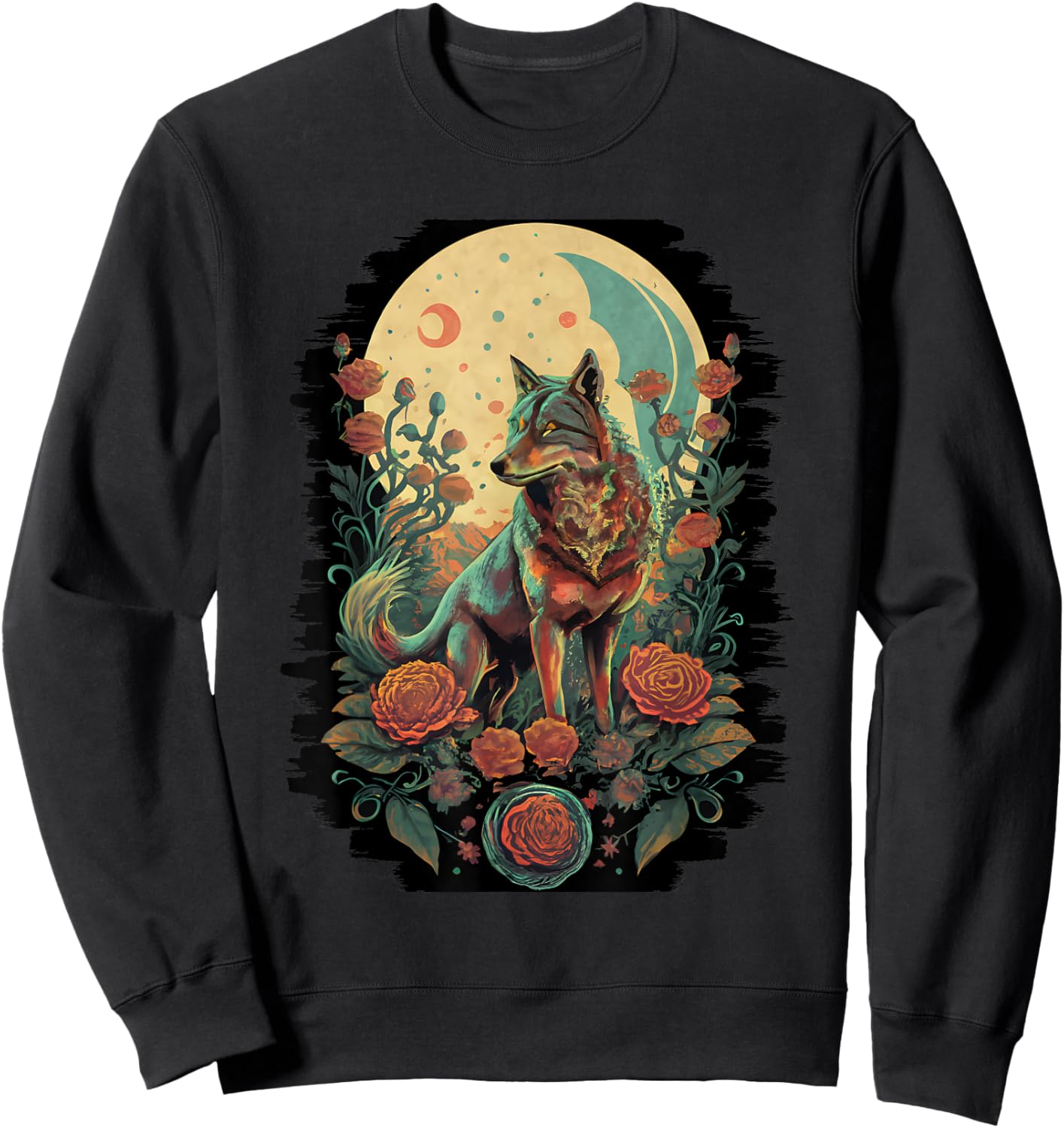Botanical Wolf Women Roses Full Moon Children Floral Wolf Sweatshirt - Sweatshirt | Black