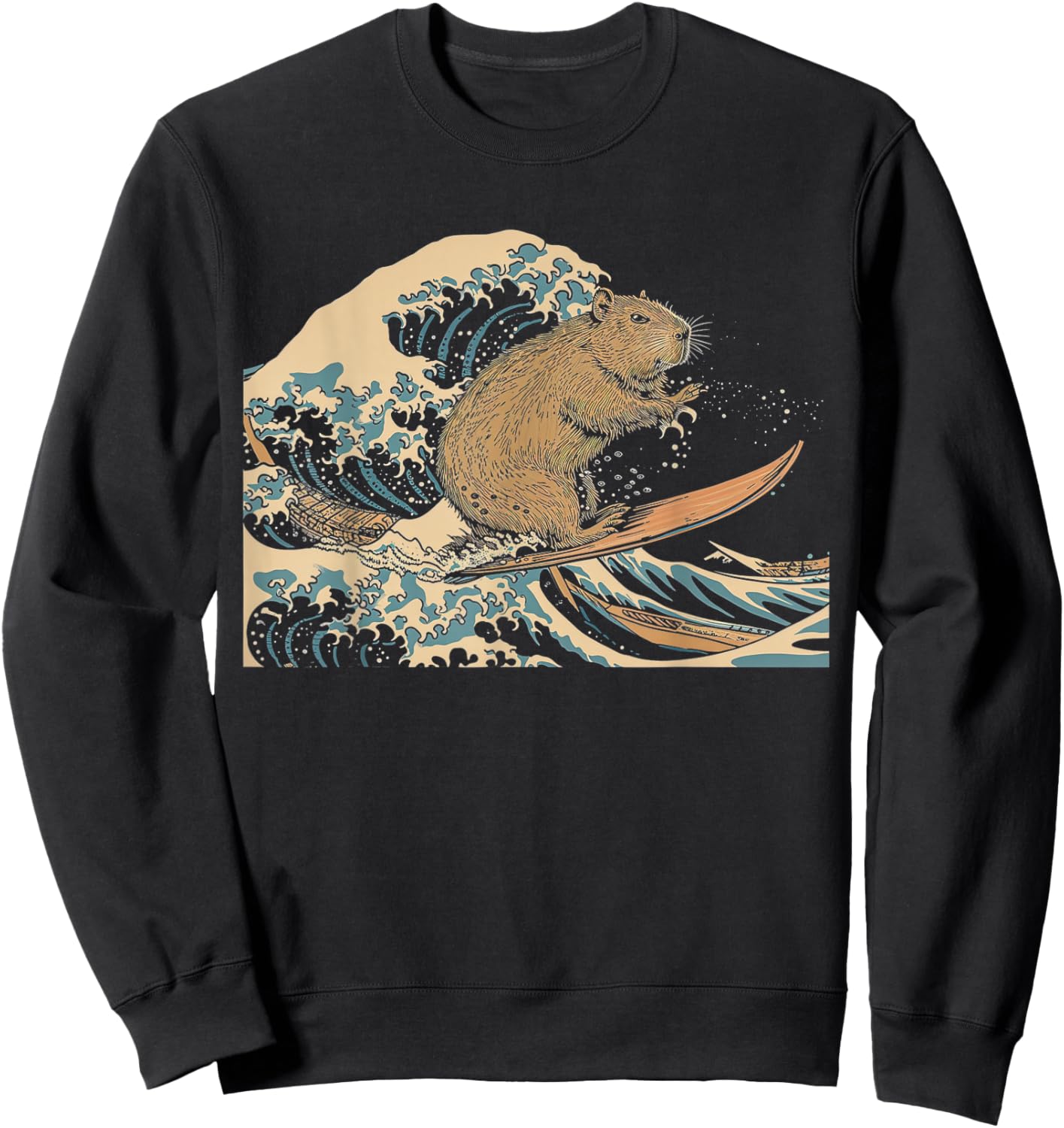 Capybara Surfing Japanese Wave Surfer Animal Funny Capybara Sweatshirt - Sweatshirt | Black