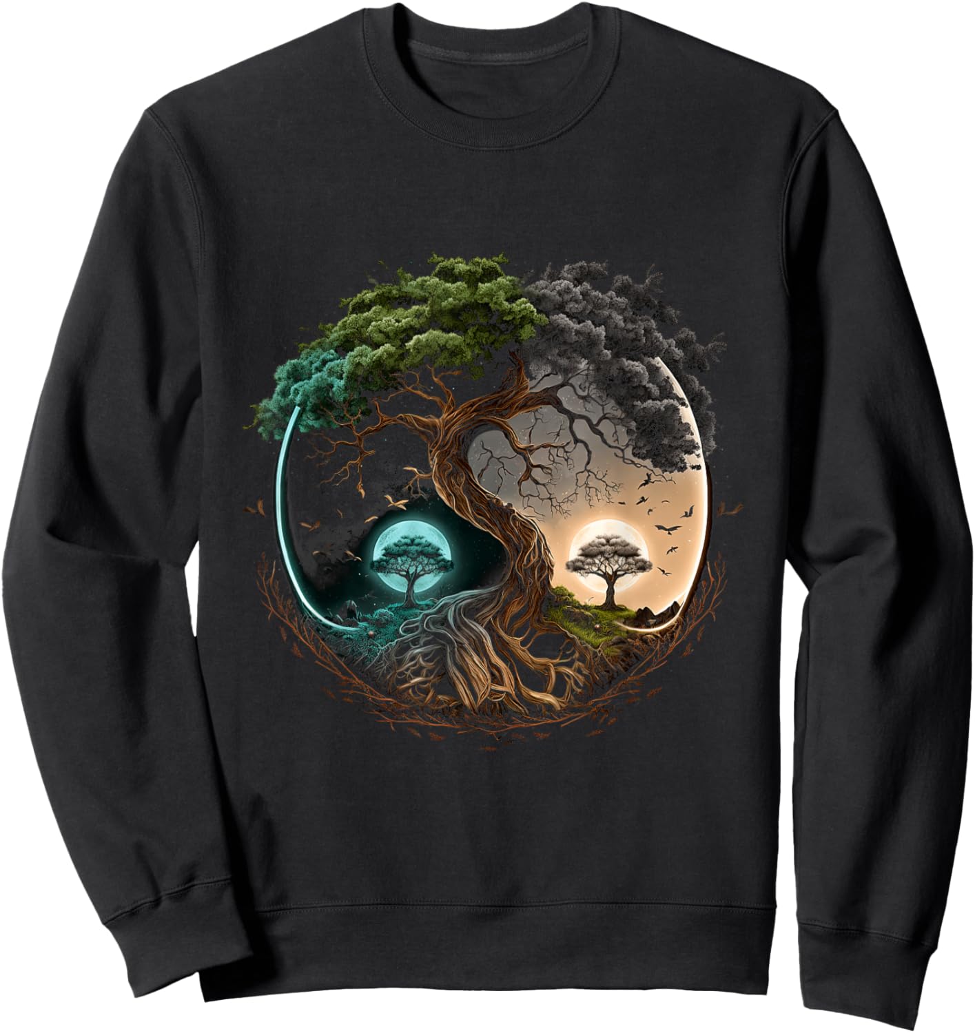 Tree Life Yin Yang Moon Sun Day And Night Bonsai Japanese Sweatshirt - Sweatshirt | Black