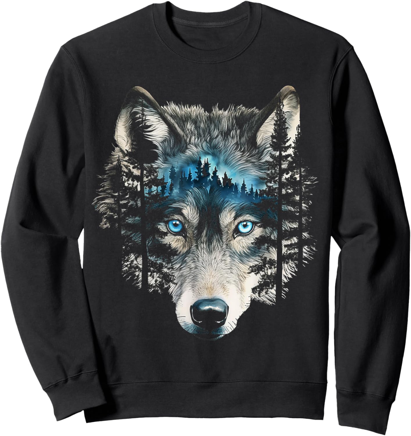 Wolf Nature Abstract Animal Art Blue Eyes Graphic Wolf Sweatshirt - Sweatshirt | Black