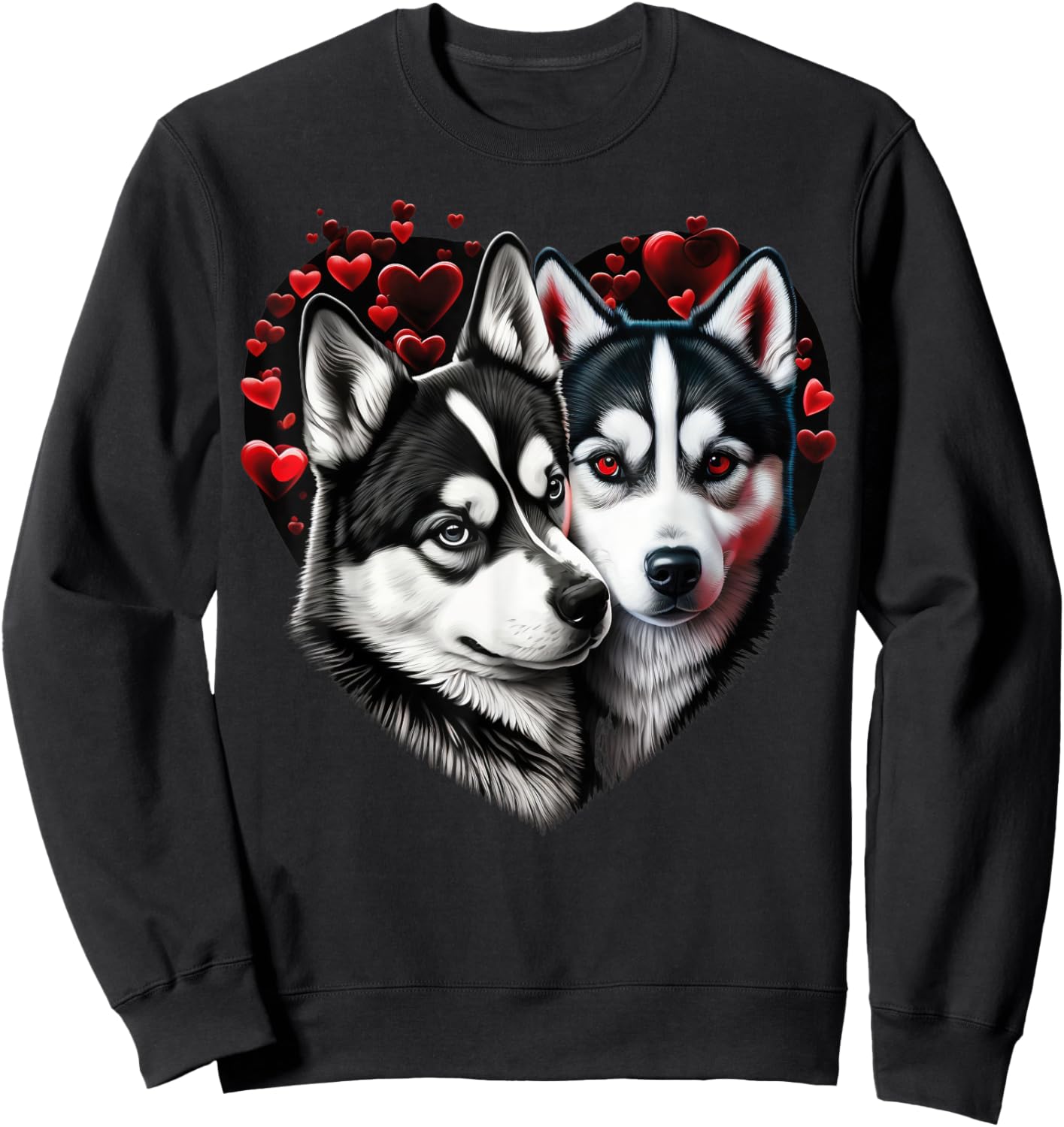 Two Husky Dogs Valentines Day Love on Couple Siberian Husky Sweatshirt - Sweatshirt | Black