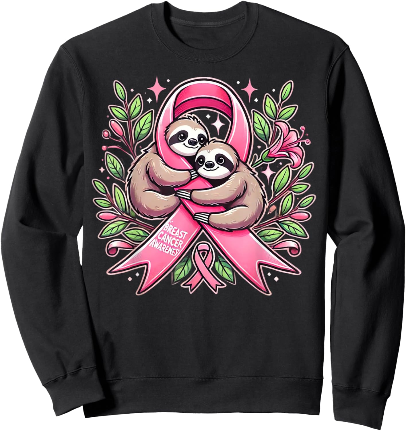 Breast Cancer Awareness Sloth Ribbon Sweatshirt - Sweatshirt | Black