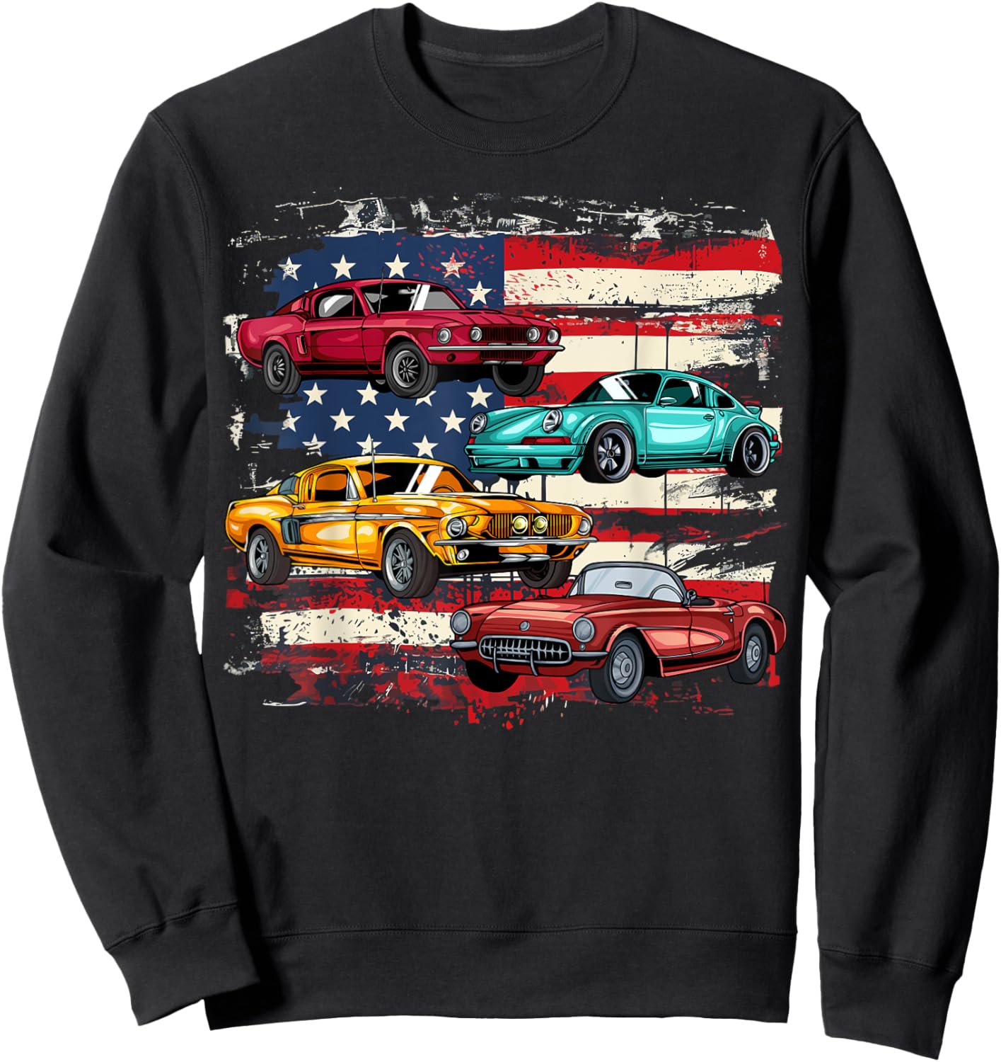 Classic Muscle Car Retro American Flag Patriotic Vintage Girls Kids Men Sweatshirt - Sweatshirt | Black