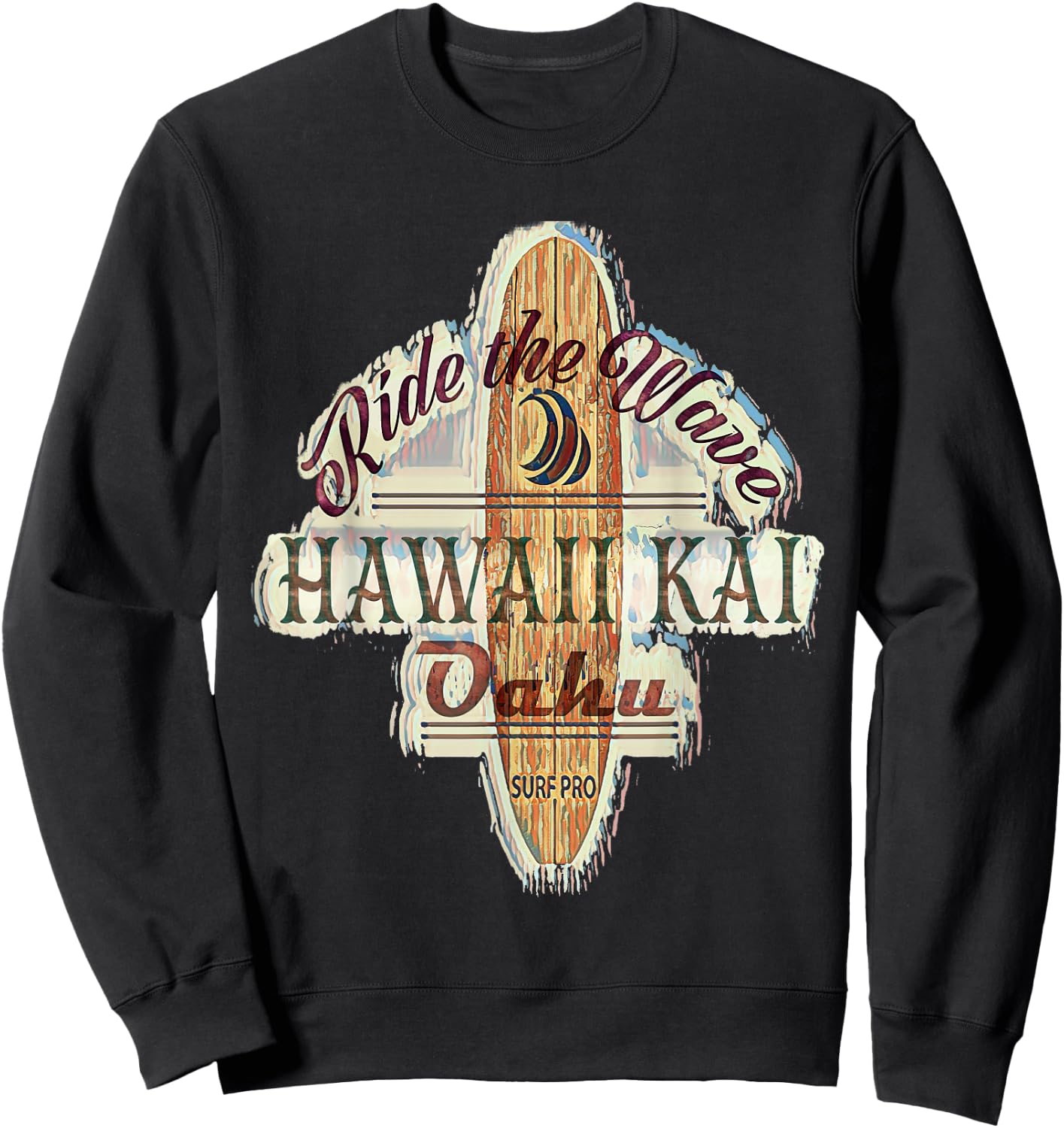Surfing, Surfboard, Distressed Longboard Hawaii Kai Oahu Sweatshirt - Sweatshirt | Black