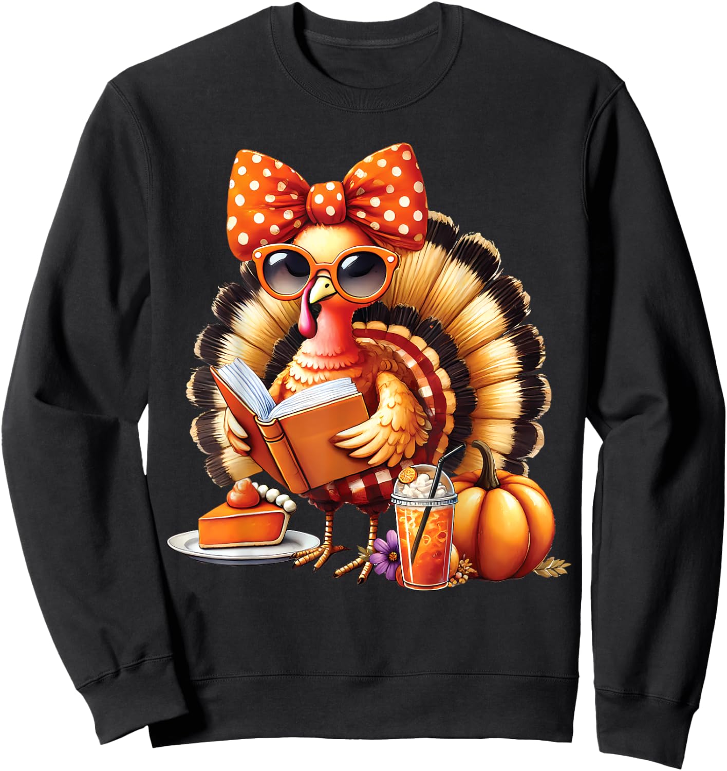 Cute Turkey Reading Book Lovers Thanksgiving Bow Sweatshirt - Sweatshirt | Black